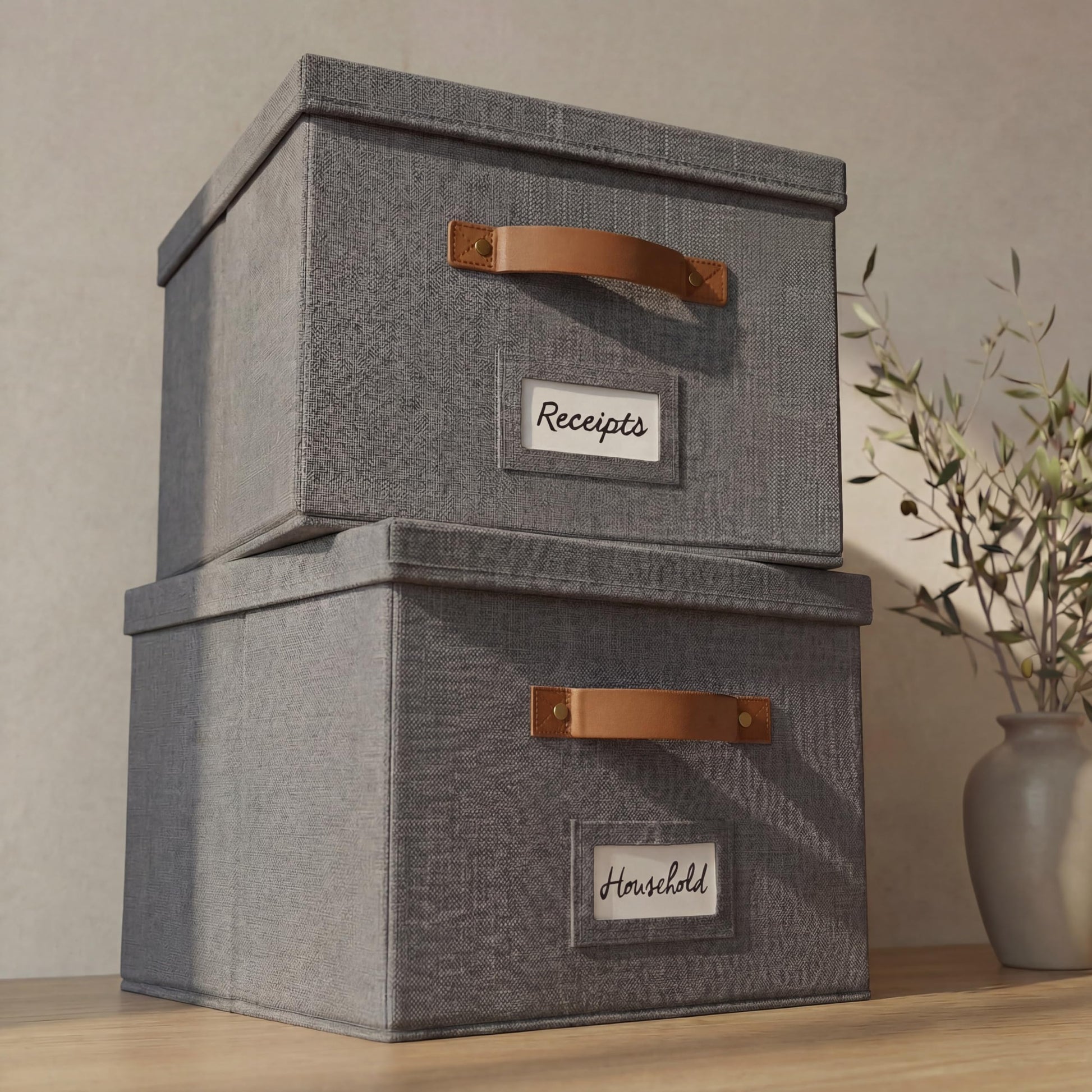 Decorative File Organizer Box Set of 2 - Collapsible Linen Filing Cabinets