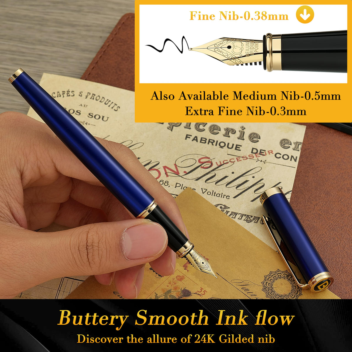 BEILUNER Blue Fountain Pen,Stunning Luxury Pens with 24K Gold Finish, Gorgeous 24K Gilded