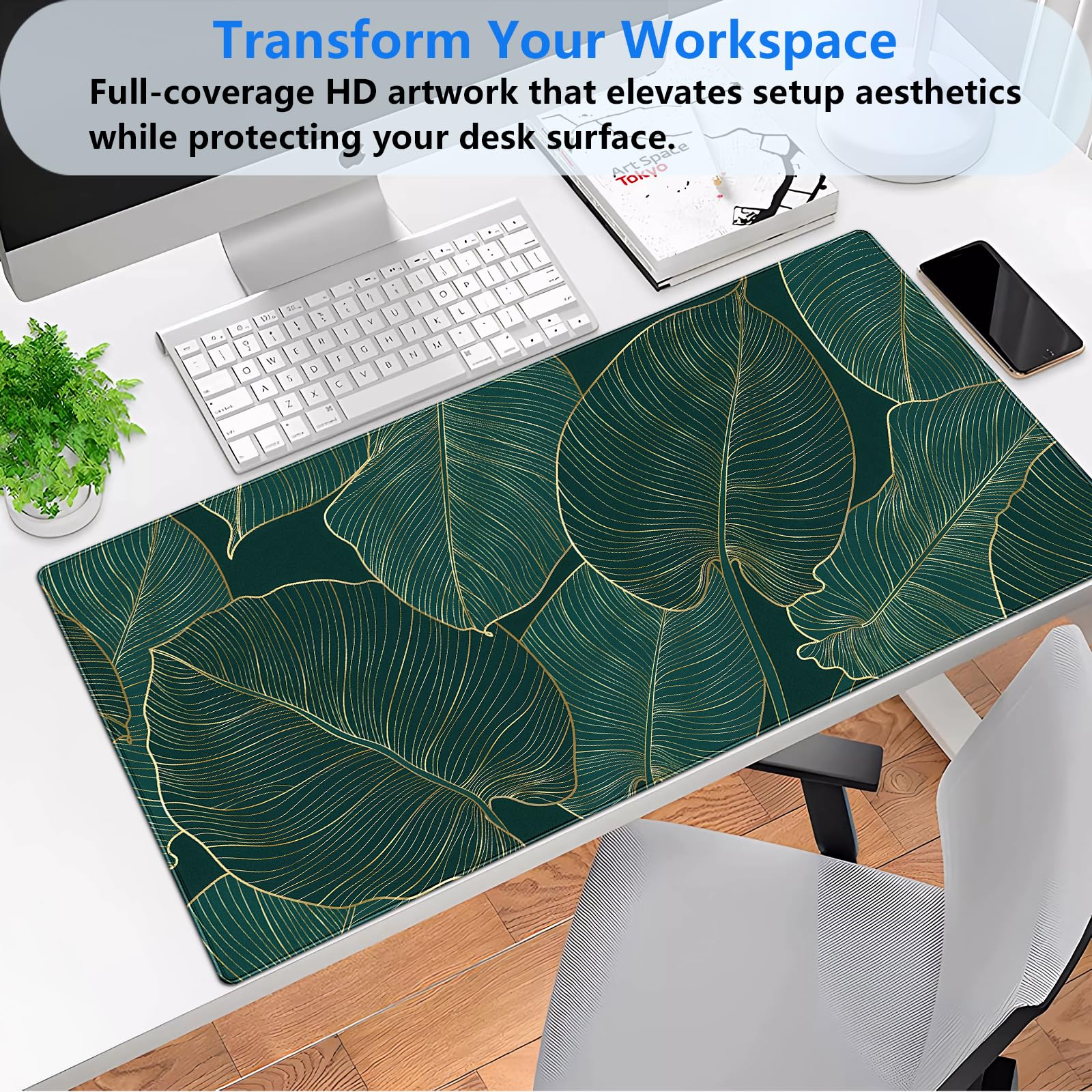 Luxury XXL Desk Mat 31.5x15.7 Emerald Green Gold Leaf Mouse Pad