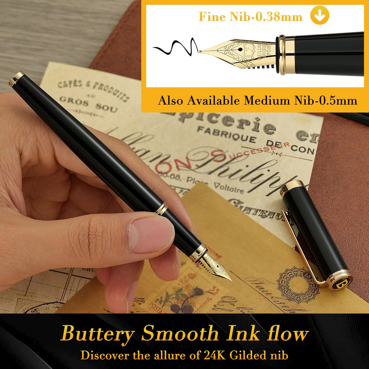 BEILUNER Black Personalized Fountain Pen,Stunning Luxury Lacquer,24K Gilded Nib(Fine),Gorgeous 24K