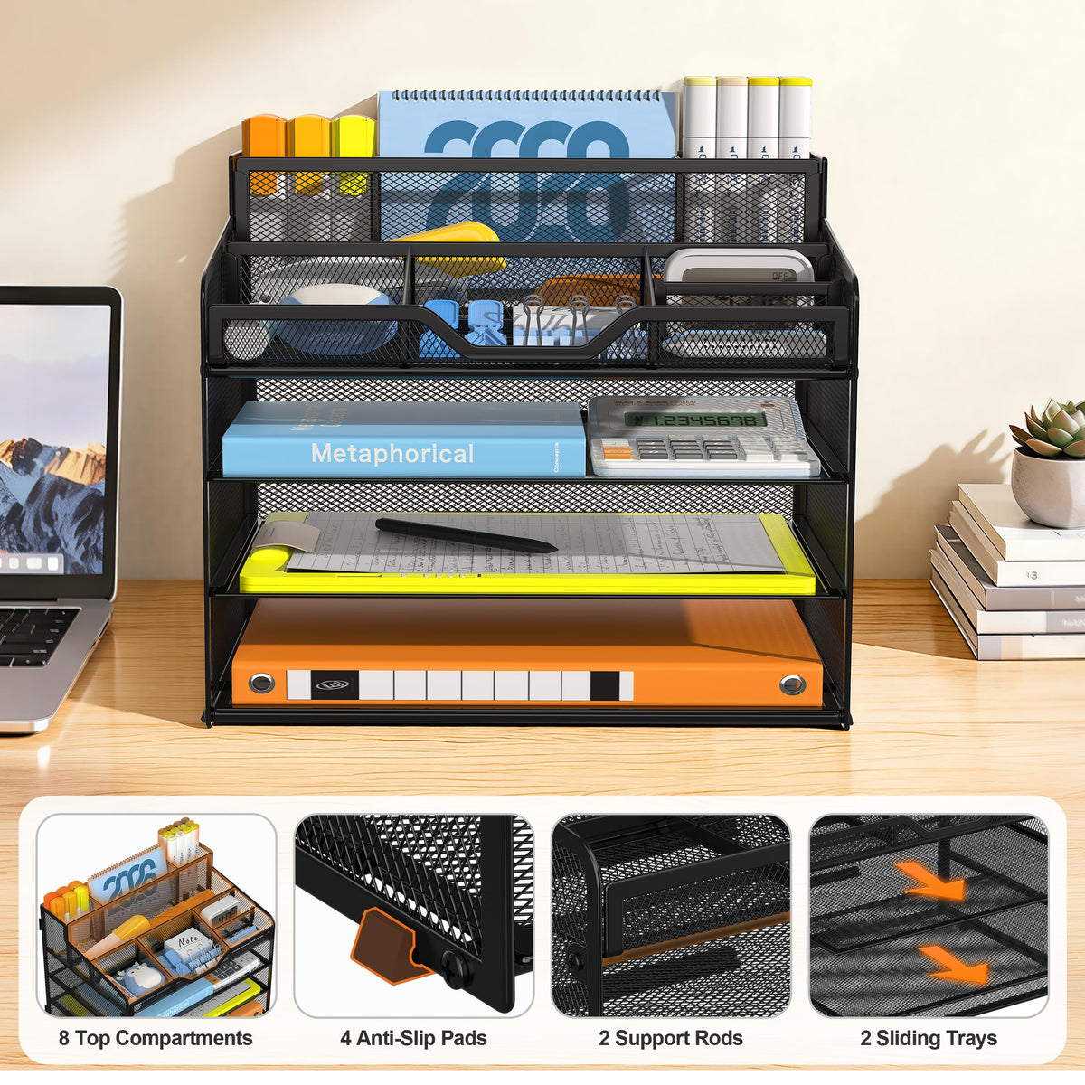 Docnest 4 Tier Mesh Desk Organizer with Letter Tray & Paper Sorter, Black