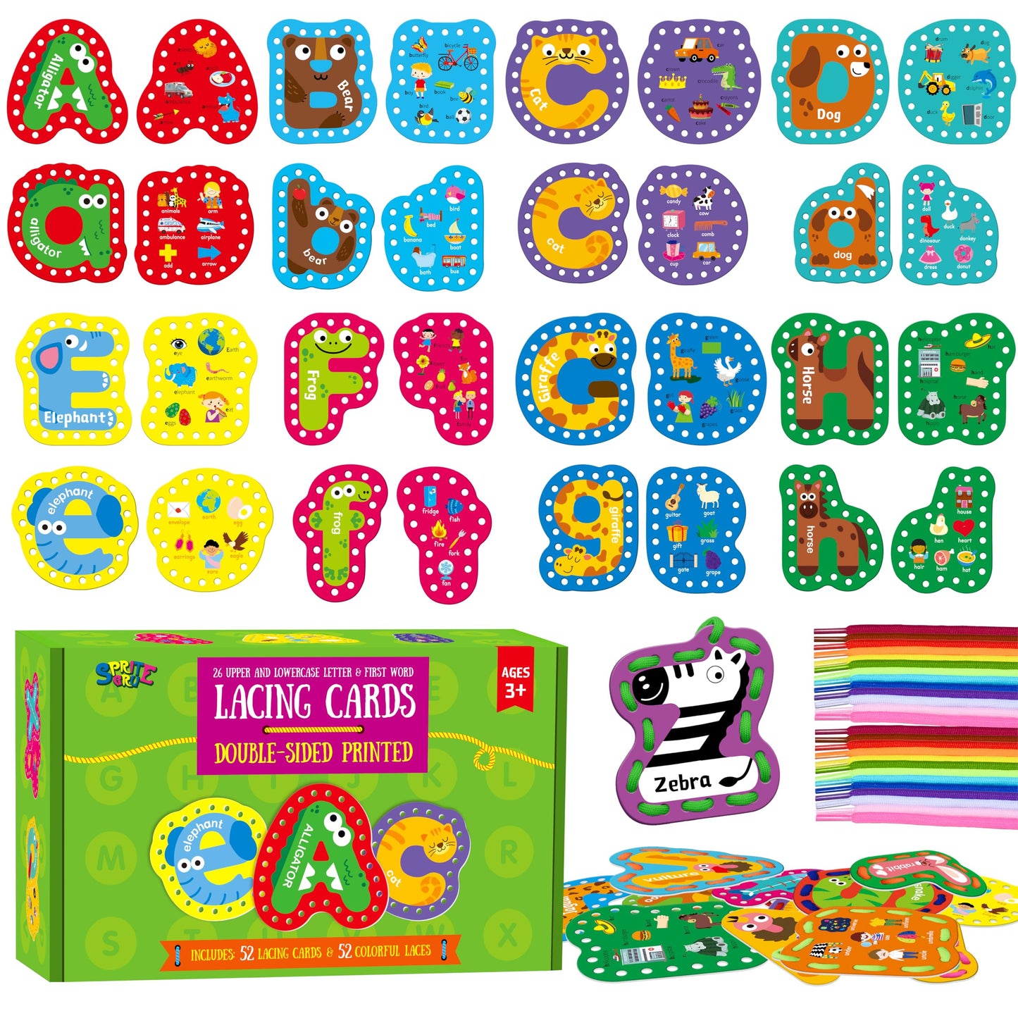 52 PCS Lacing Cards, 26 Double-Sided Uppercase & Lowercase Sewing Cards with 52 Colorful Laces