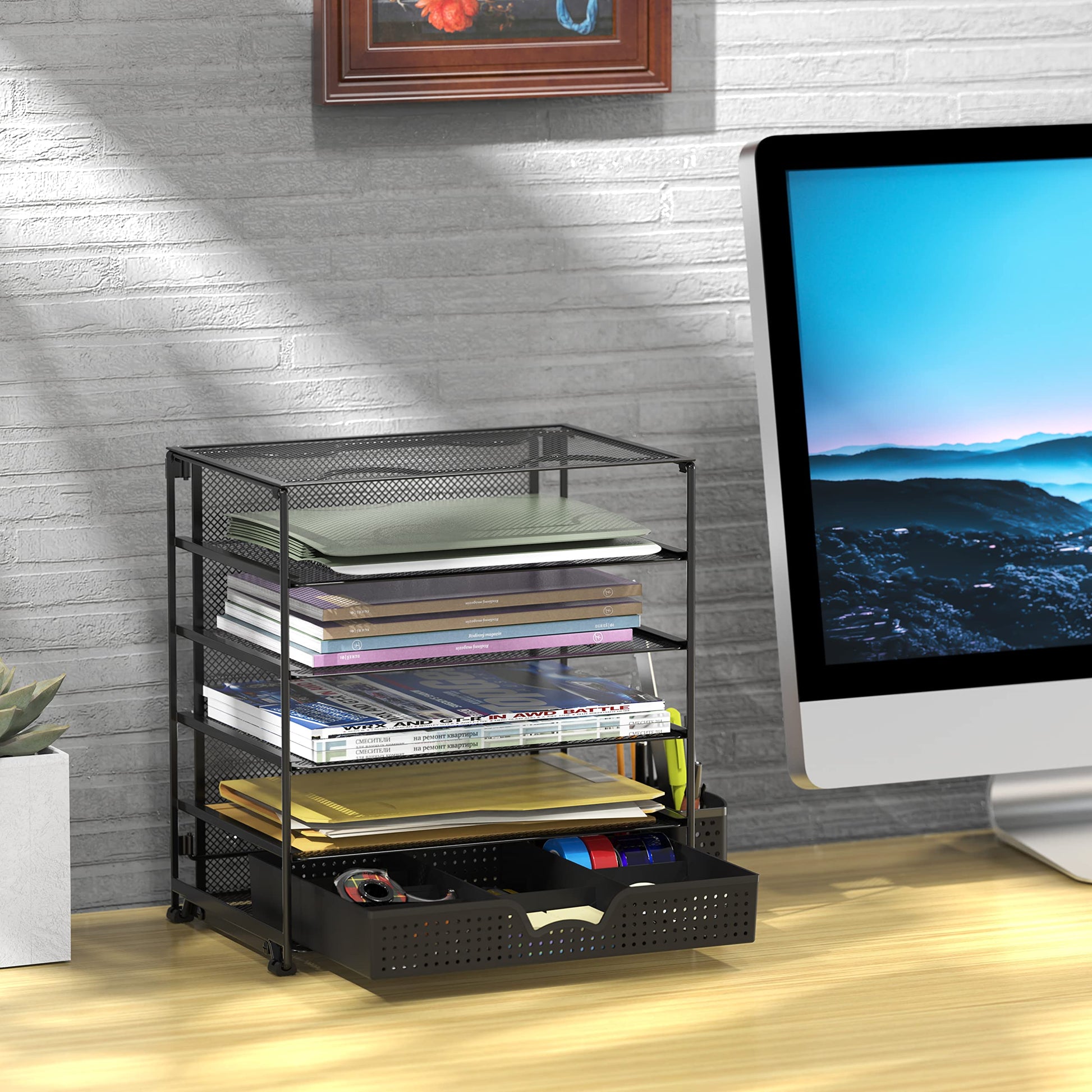 Simple Houseware 5-Tier Desk File Organizer w/Drawer & Pen Holder, Black