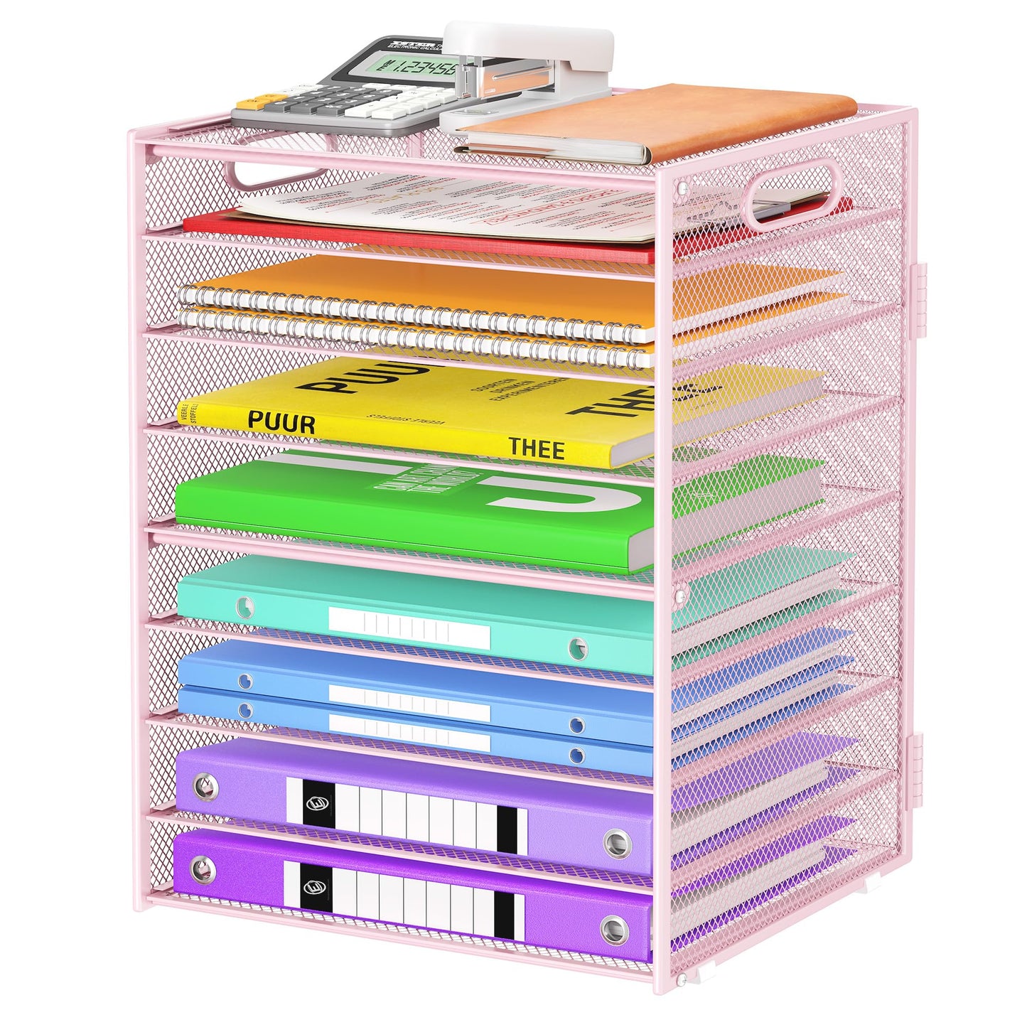 Cawukege 9 Tier Paper Organizer with Handle, Pink Large Capacity Desk Organizer Mesh File Folder