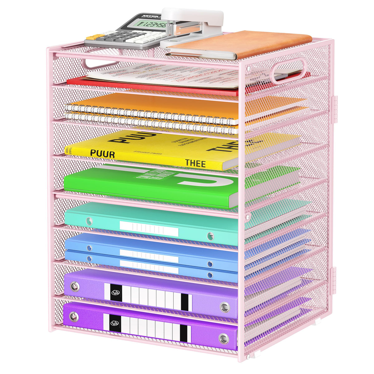 Cawukege 9 Tier Paper Organizer with Handle, Pink Large Capacity Desk Organizer Mesh File Folder
