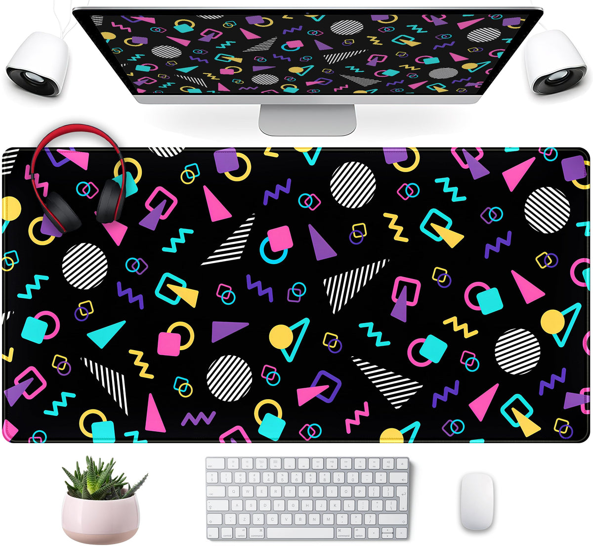 Retro 80s Desk Mat, Cute 90s XXL Large Gaming Mouse Pad, Black Boho Desk Pad with Stitched Edges