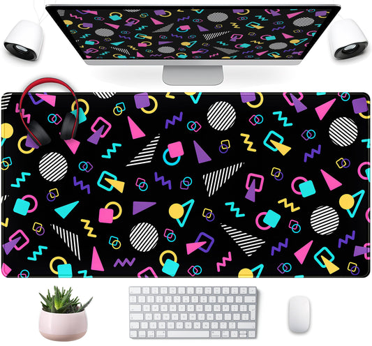Retro 80s Desk Mat, Cute 90s XXL Large Gaming Mouse Pad, Black Boho Desk Pad with Stitched Edges