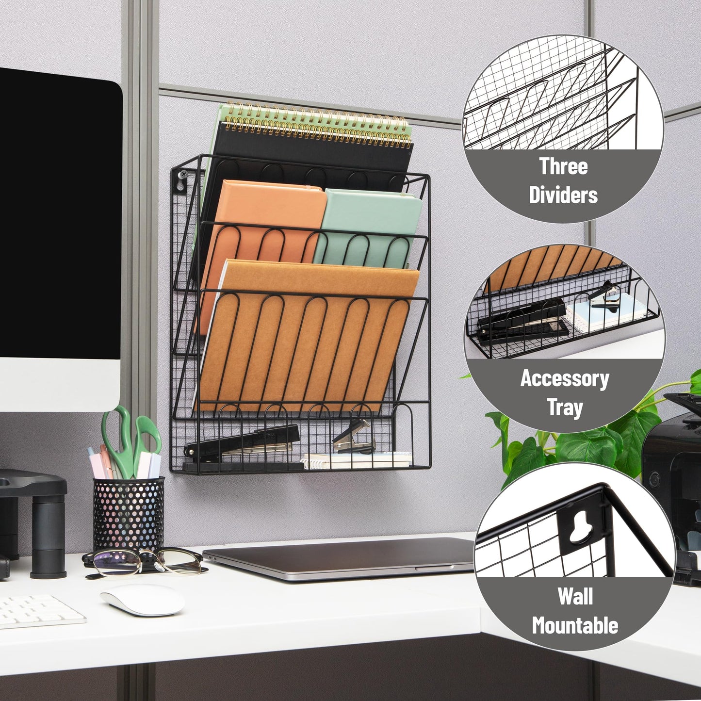 Mind Reader Metal Wire Desktop Organizer, Vertical File Holder, Hooks and Storage Tray, Wall Mount