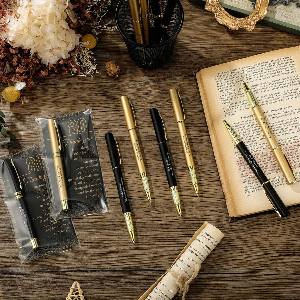 Feifeiya 50 Set 80th Birthday Favors with Black Gold Pens Cards