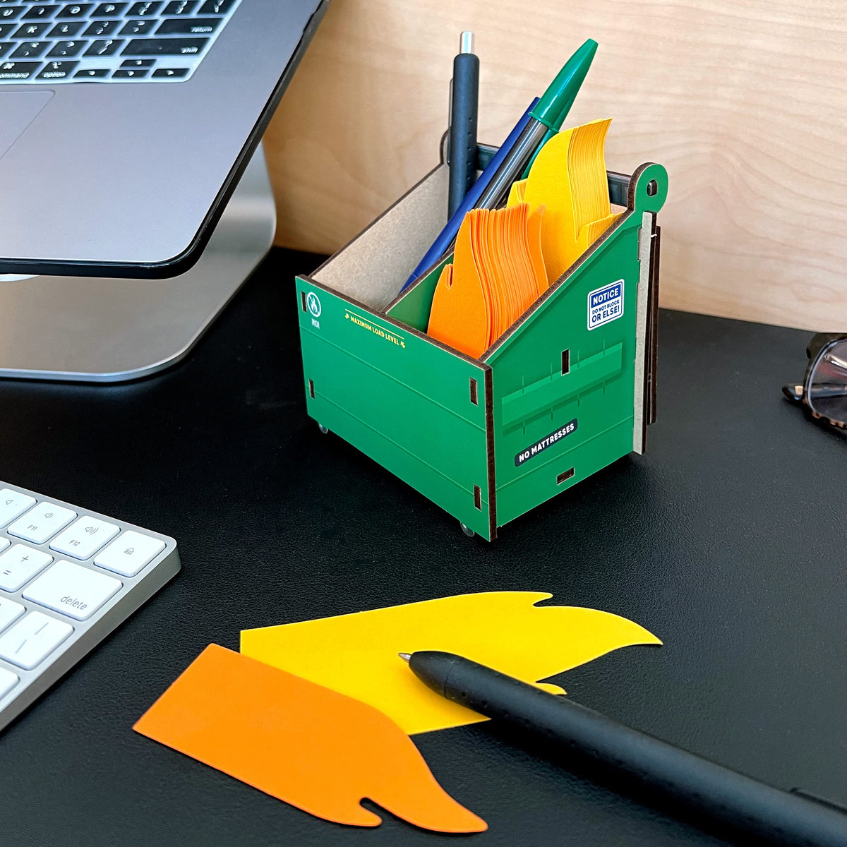 Genuine Fred Desk Dumpster Pencil Holder with 100+ Flame Note Cards, Funny 3-Compartment Organizer