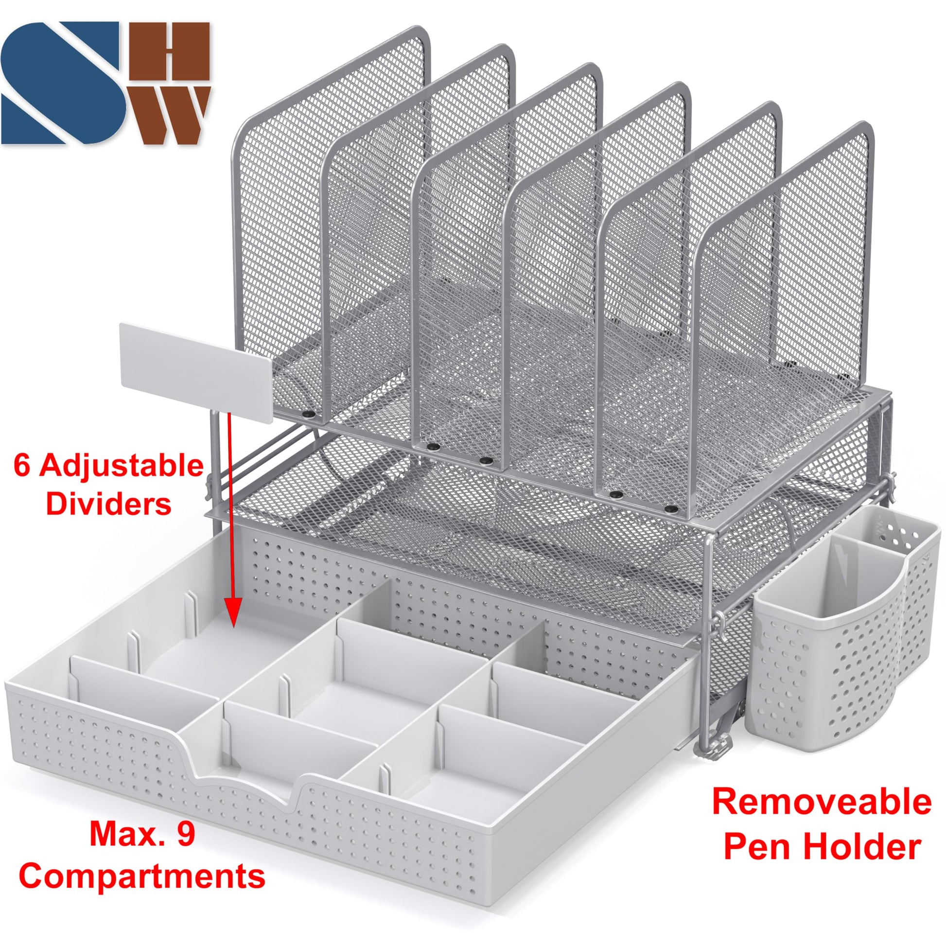 Simple Houseware Desk File Organizer for Office Supplies w/Drawer, Silver