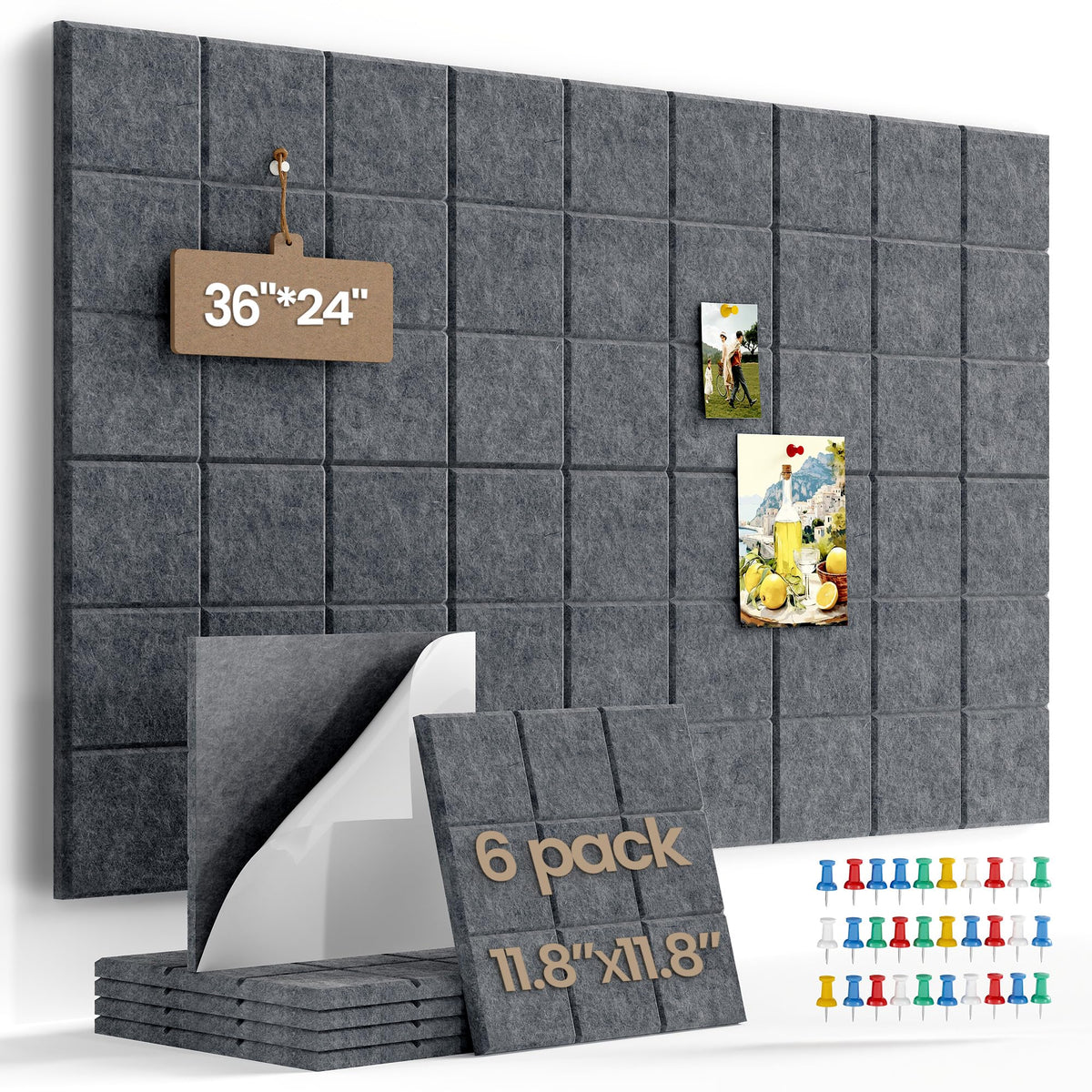 Uoisaiko Large Cork Board Felt Board Tiles for Walls with 30 Push Pins, 11.8"x11.8" Pack of 6 Pin