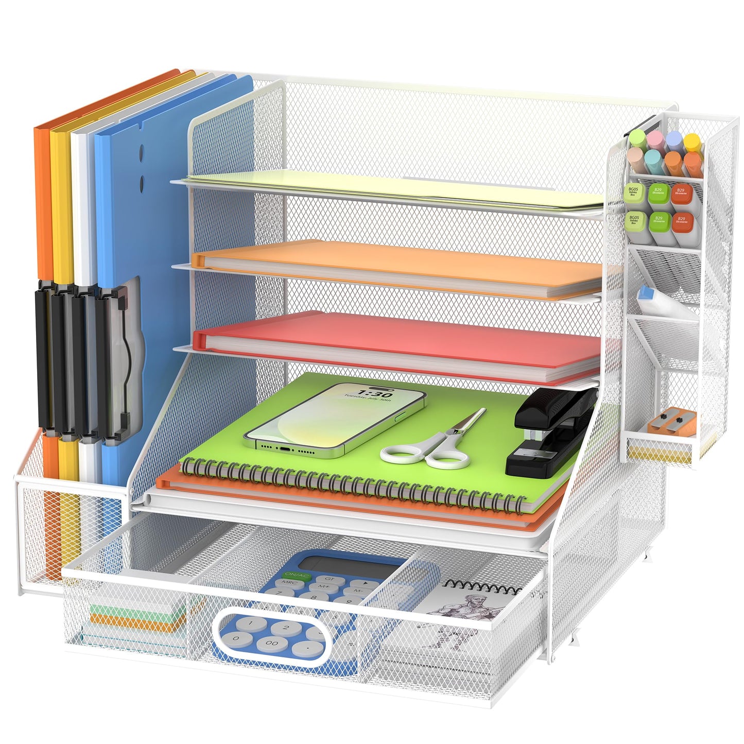 5-Tier Desk Organizer with File Holder & Pen Holder & Sliding Drawer, White