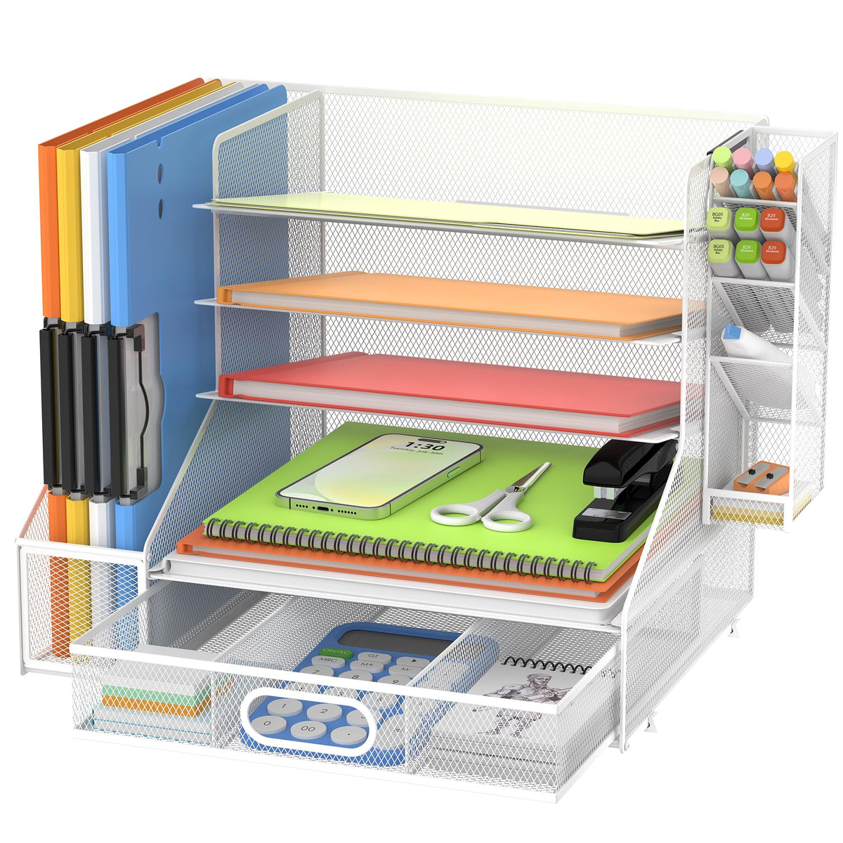 5-Tier Desk Organizer with File Holder & Pen Holder & Sliding Drawer, White
