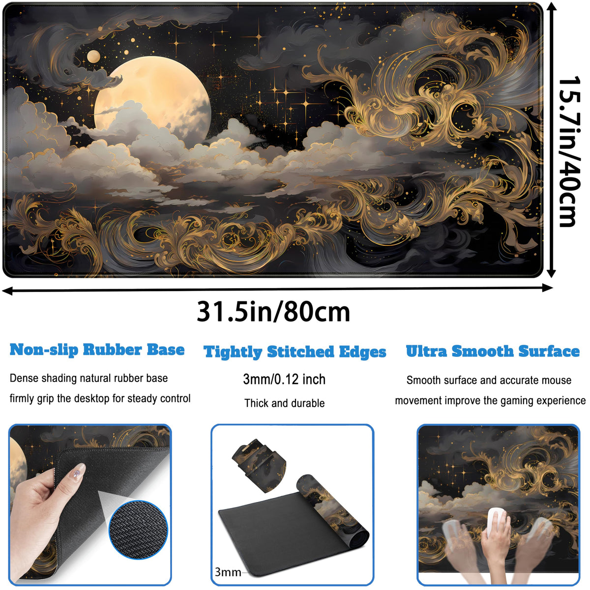 DKPXFG Golden Moon Desk Pad Black Desk Mat XXL Mouse Gaming Pads, Starry Sky Keyboard Pads Extra