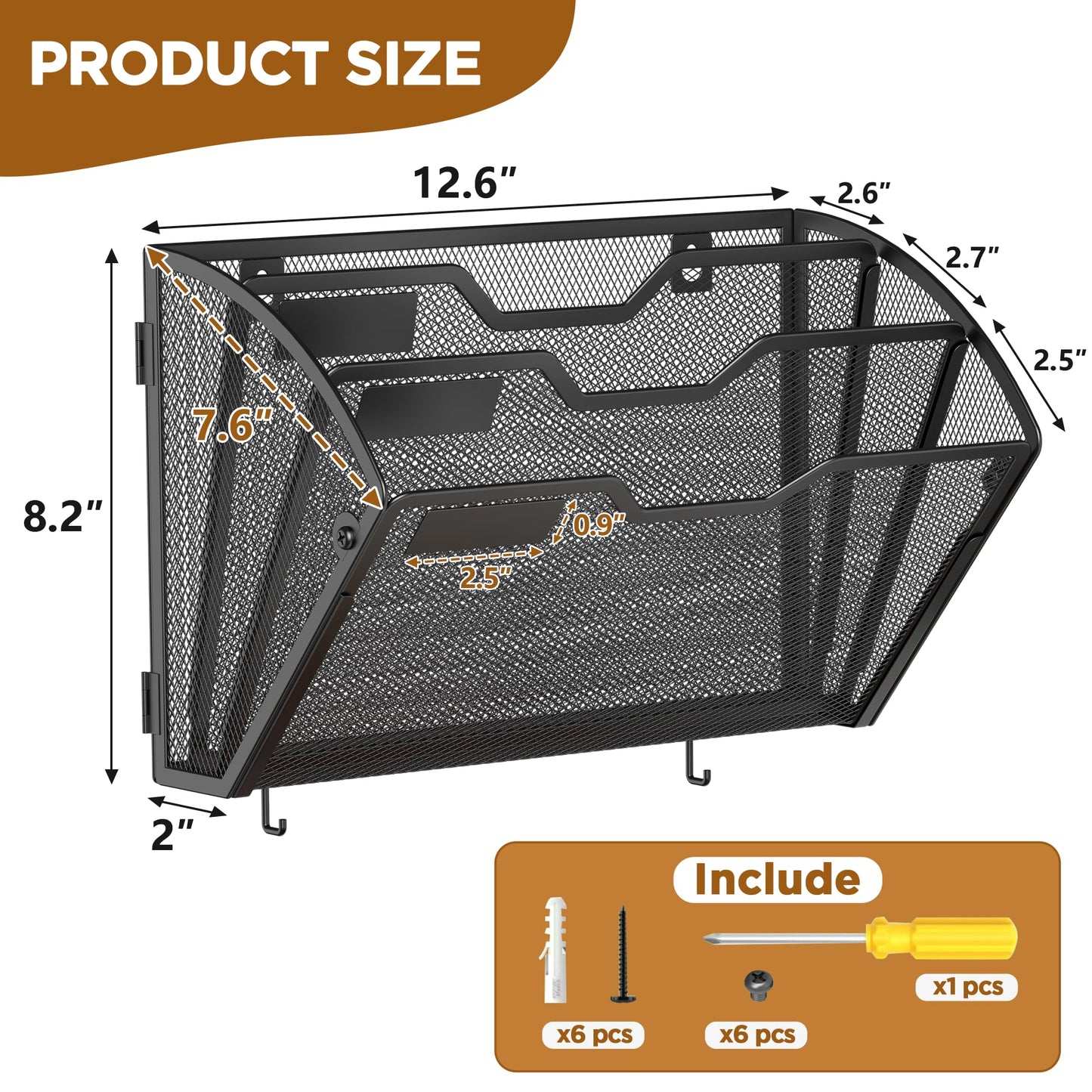 Docnest 3 Pack 3 Tier Mesh Wall File Holders with Hooks for Mail, Black