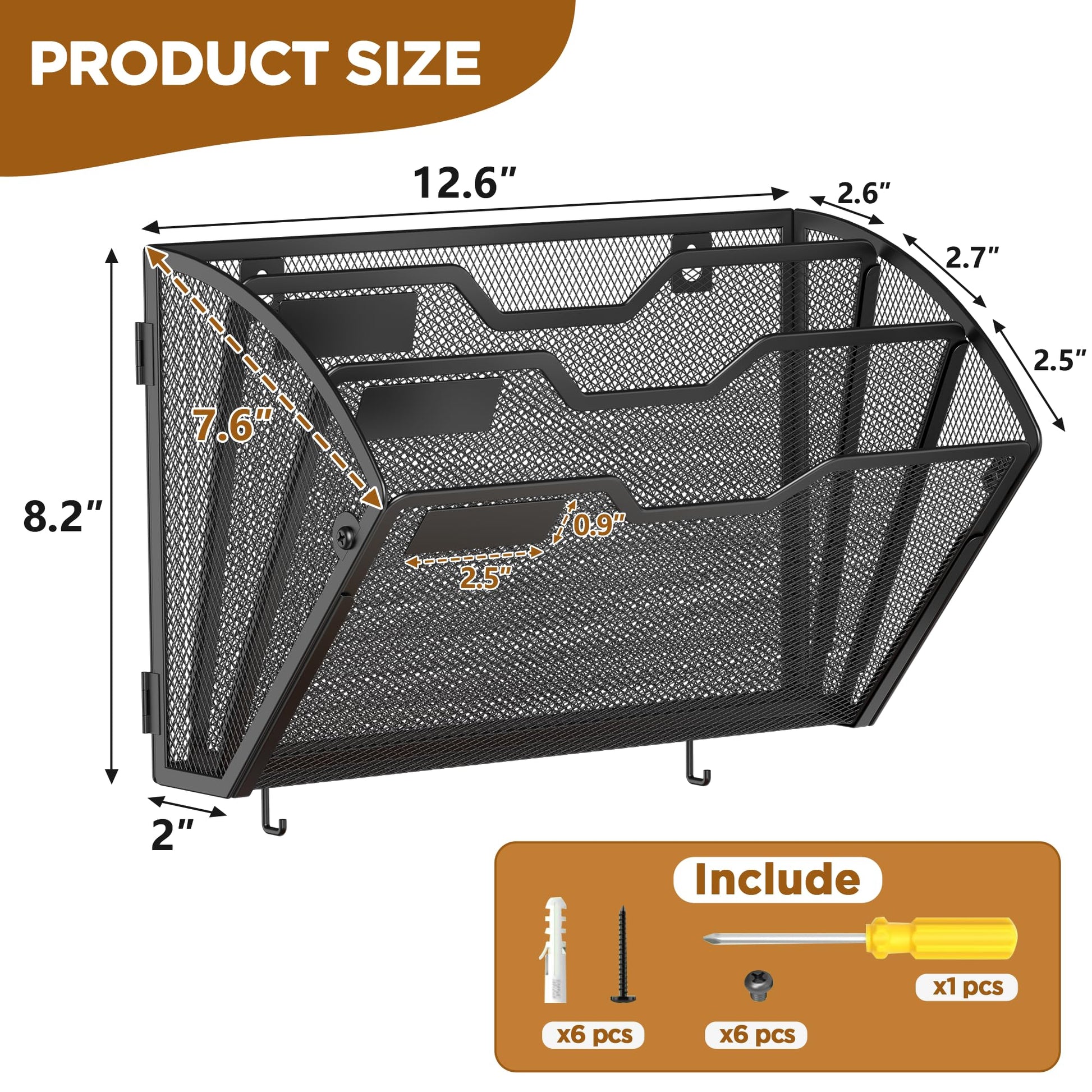 Docnest 3 Pack 3 Tier Mesh Wall File Holders with Hooks for Mail, Black