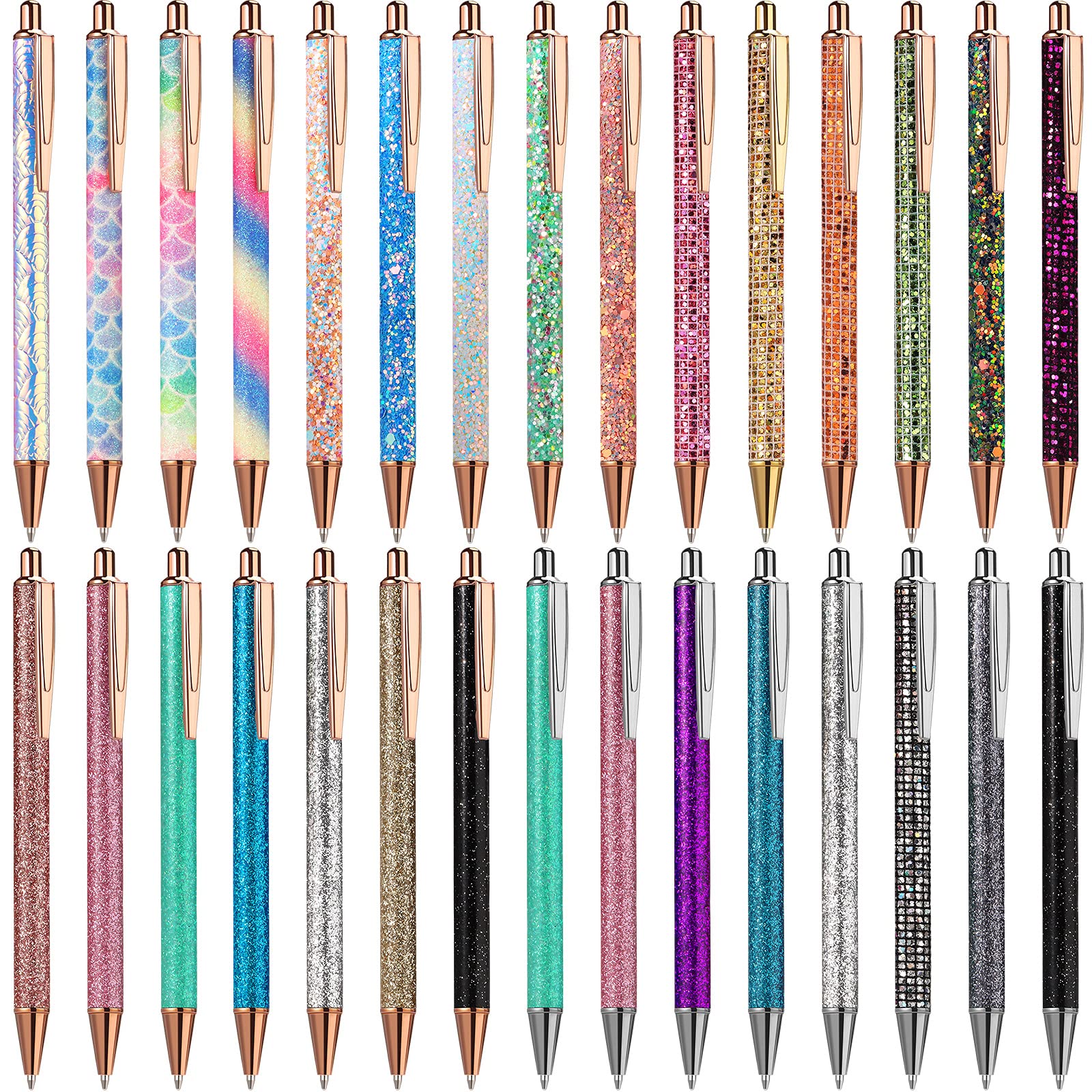Zonon 30 Pcs Sparkly Pens Fancy Glitter Shiny Metal Retractable Ballpoint Pens Black Ink Medium
