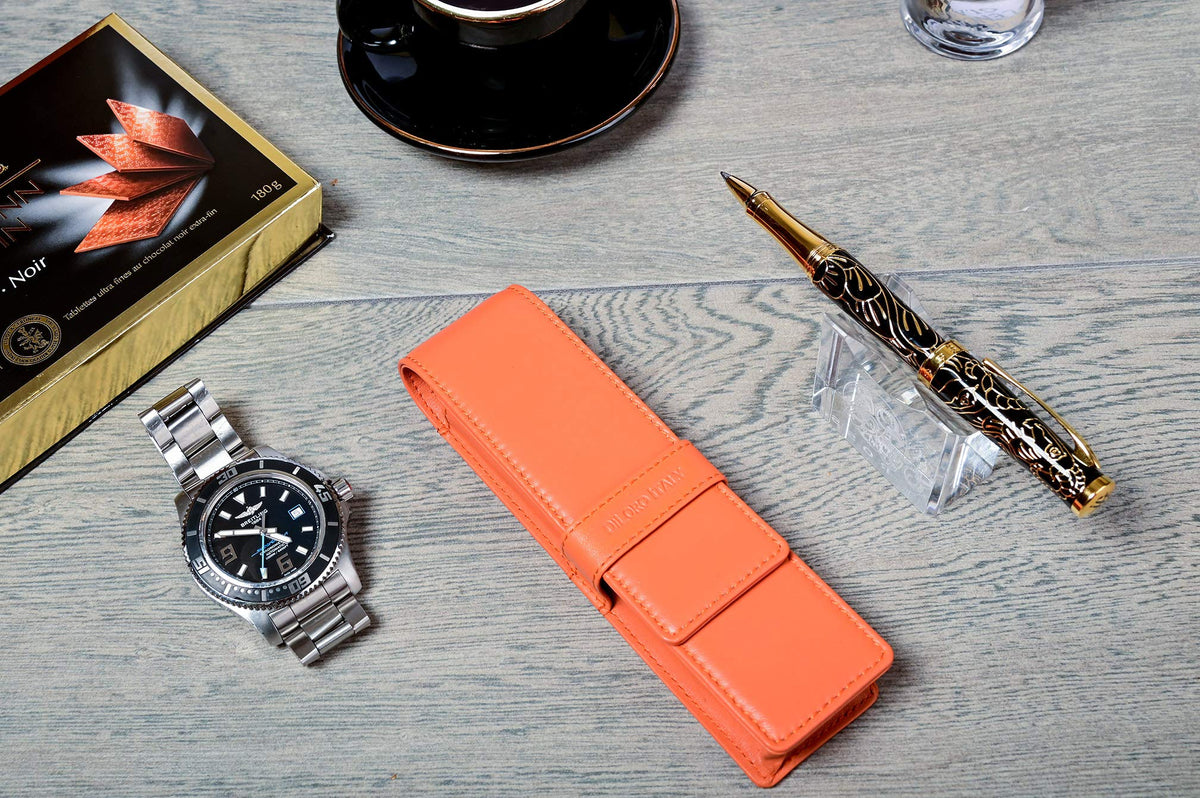 DiLoro Leather Double Pen Case Pencil Pouch Holder for Two Fountain Ballpoint Rollerball Pens and
