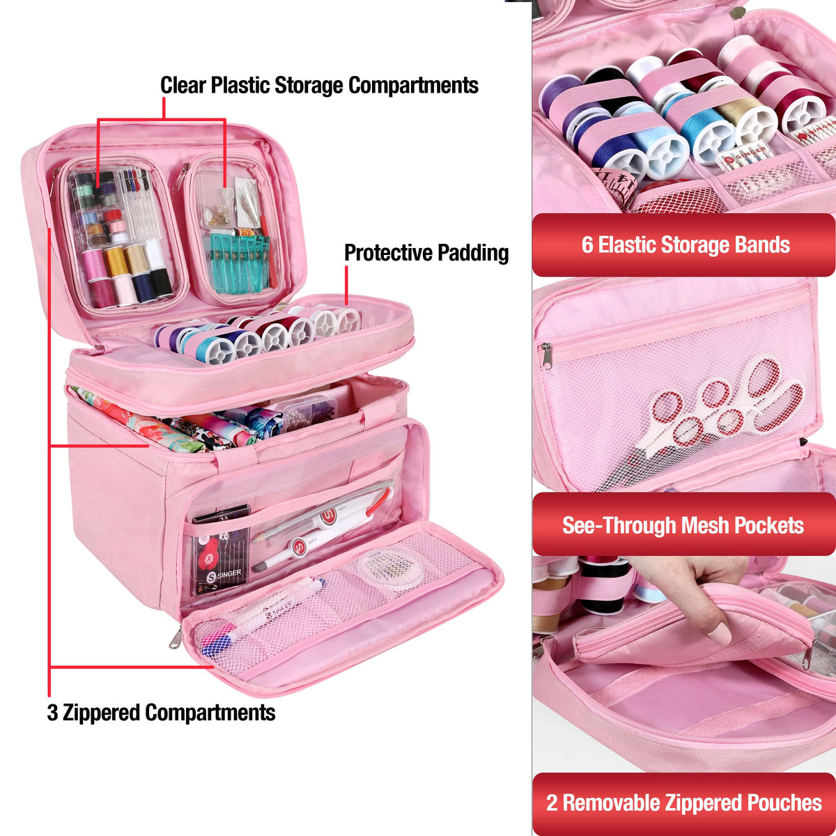 SINGER Portable Sewing Accessories Organizer Bag, 18 Compartments, Pink