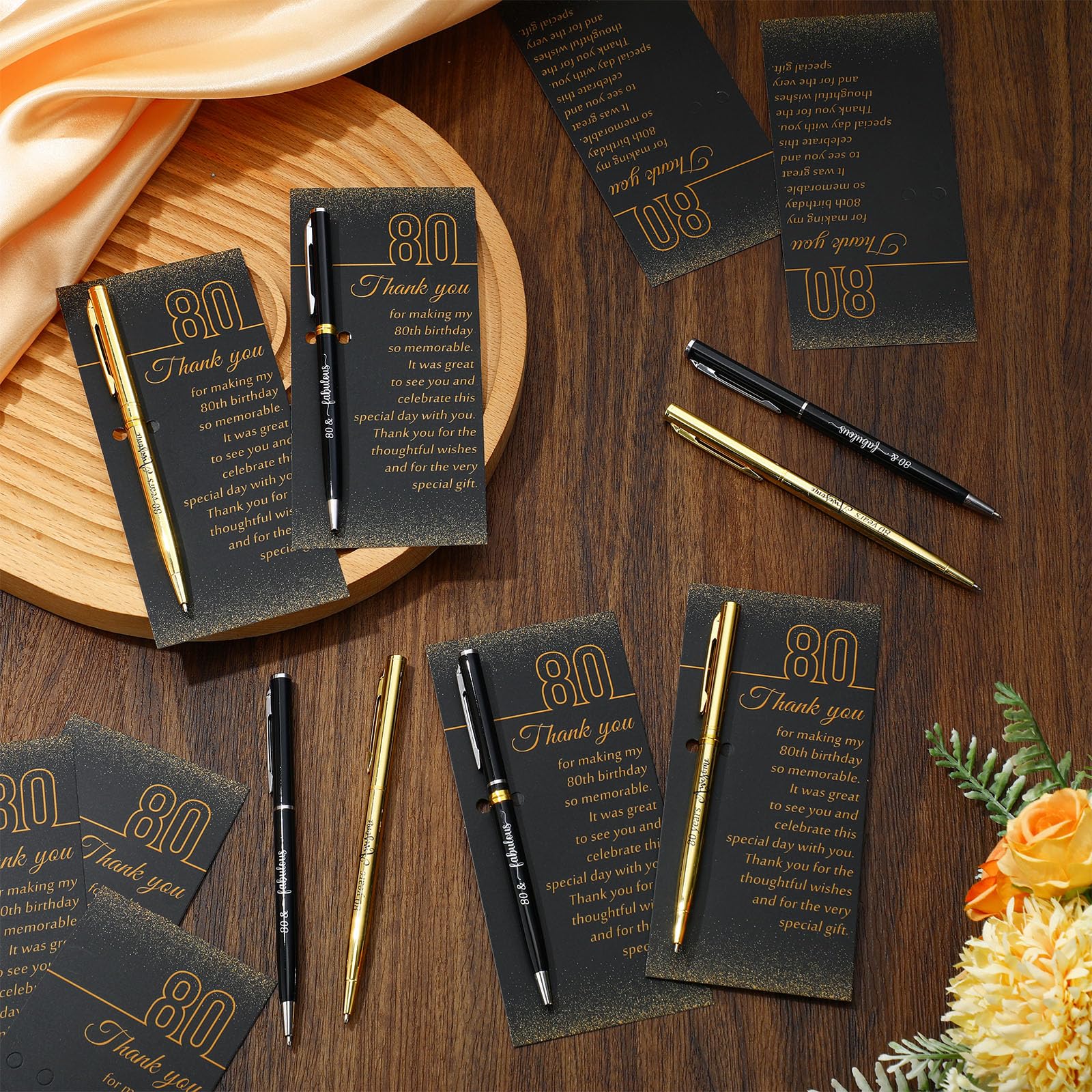 Feifeiya 50 Sets 80th Birthday Party Favors with Black Gold Pens Thank Card