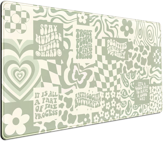 DCJJM Boho Aesthetic Desk Mat Beige Retro Hippie Boho XXL Large Extended Gaming Green Sage Mouse