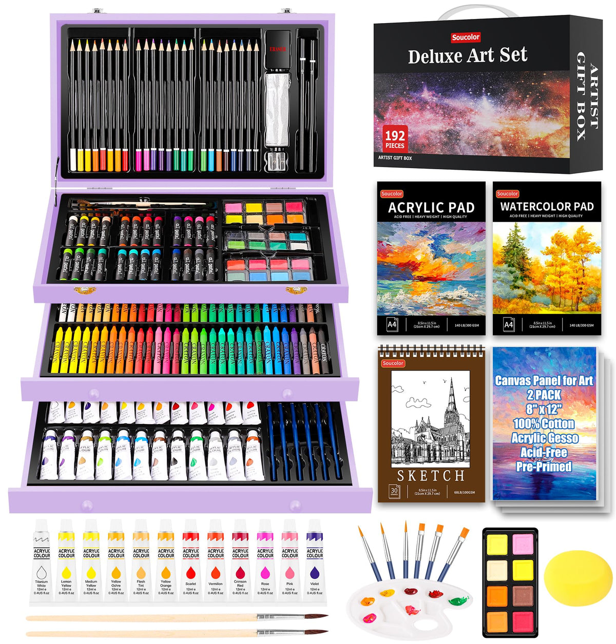 Soucolor Art Supplies,192-Pack Deluxe Art Set Drawing Painting Supplies Kit