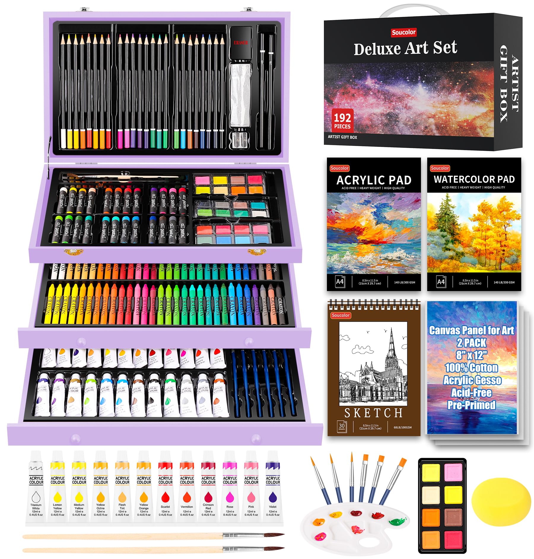 Soucolor Art Supplies,192-Pack Deluxe Art Set Drawing Painting Supplies Kit