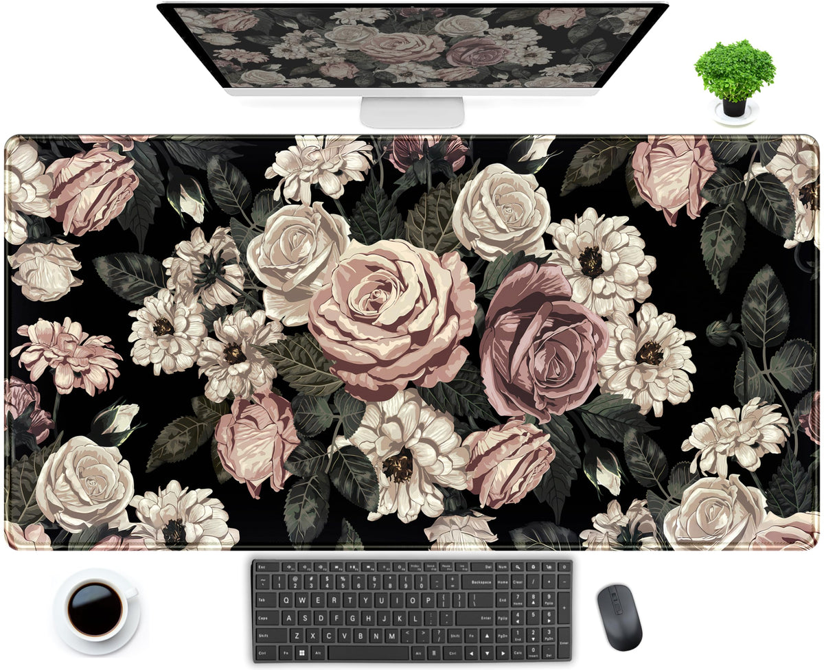 Retro Rose Floral Desk Mat Vintage Flower Plant Mouse Pad XXL Large Gaming Mousepad Cute Desk Pad