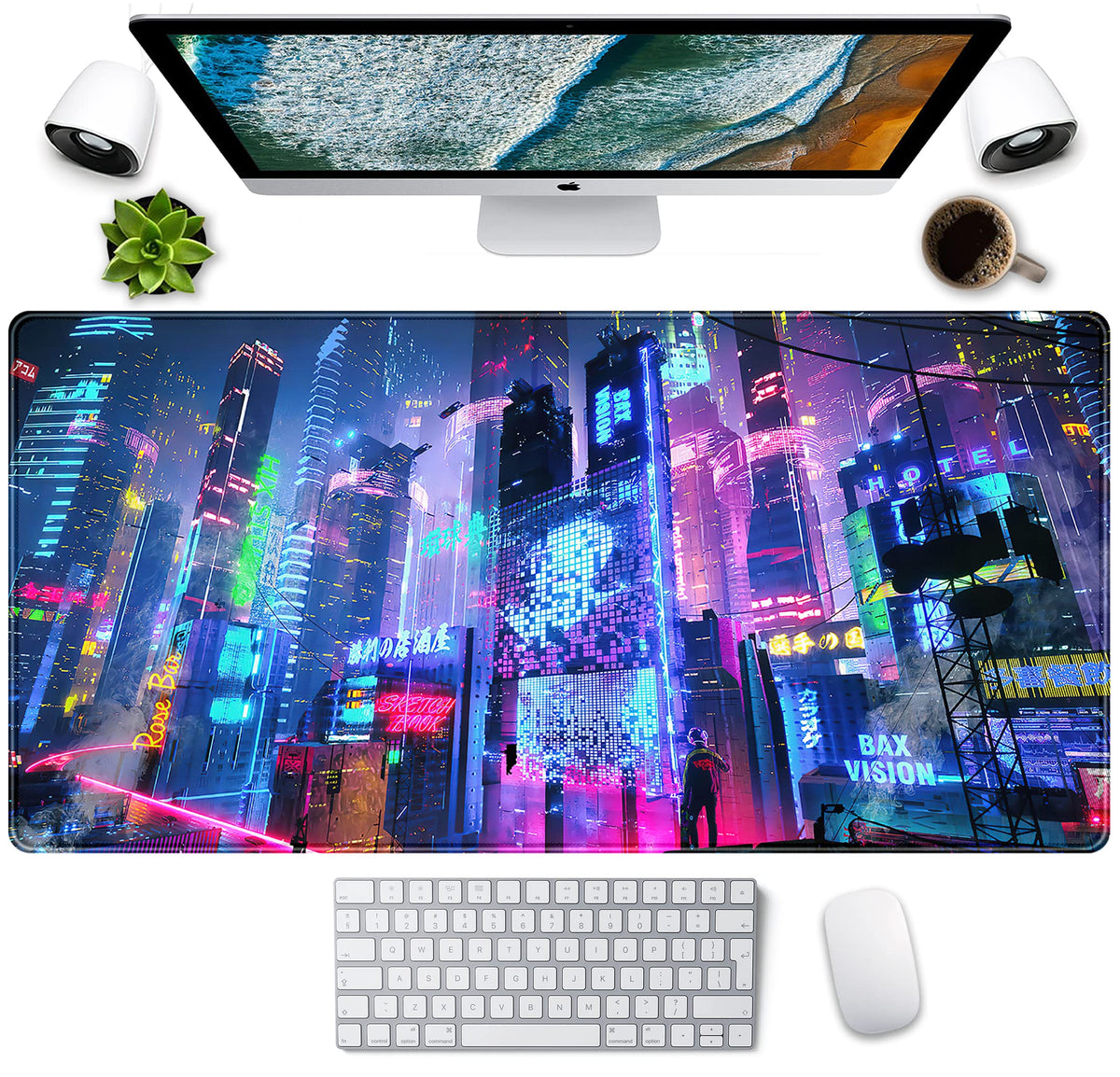 Japanese Street Desk Mat Futuristic Neon City Print Mouse Pad, Exclusive Desk Mats, XXL Large
