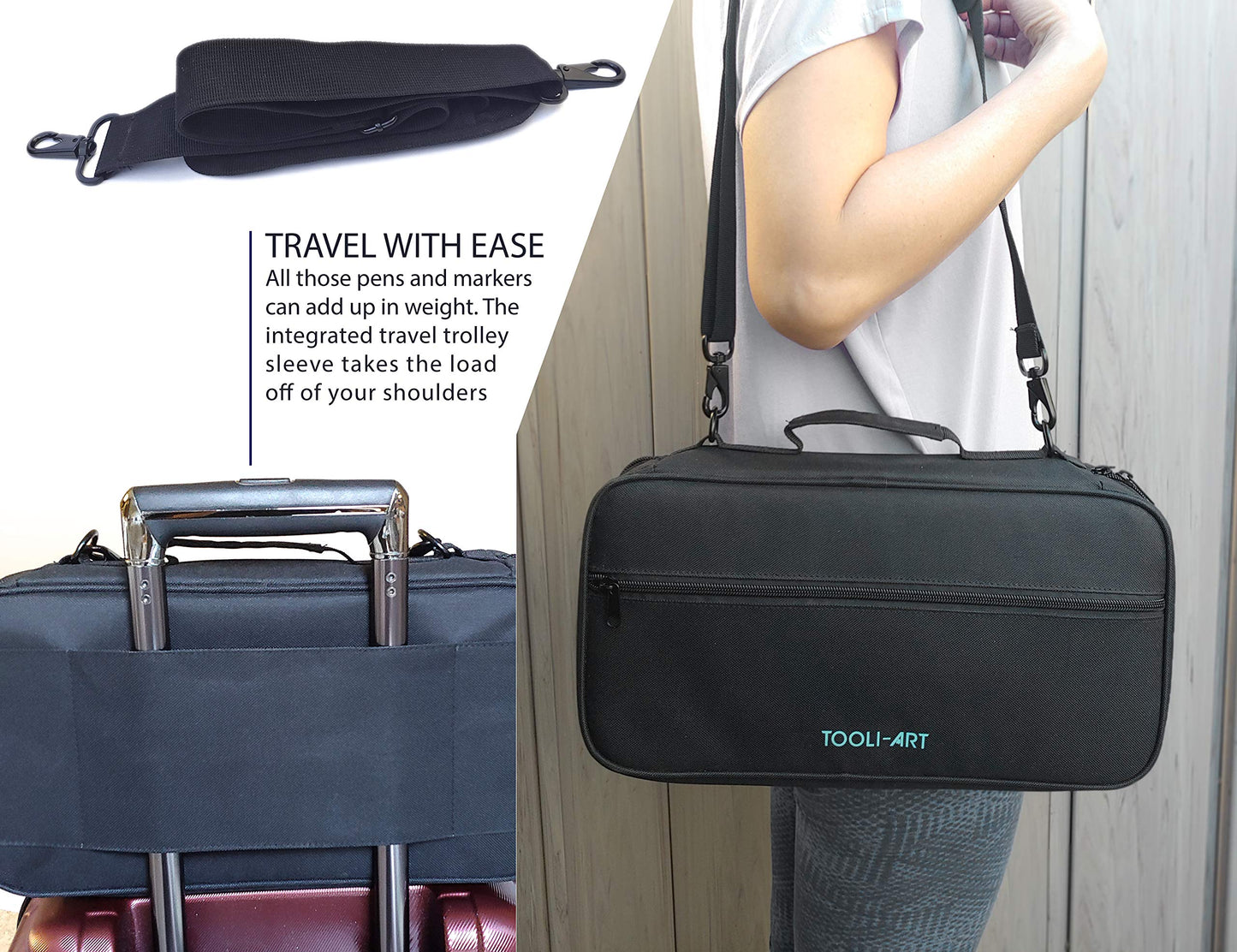 TOOLI-ART Marker & Pen Carrying Case -120 Slots, Canvas, Extra Pockets, Trolley Sleeve, Removable