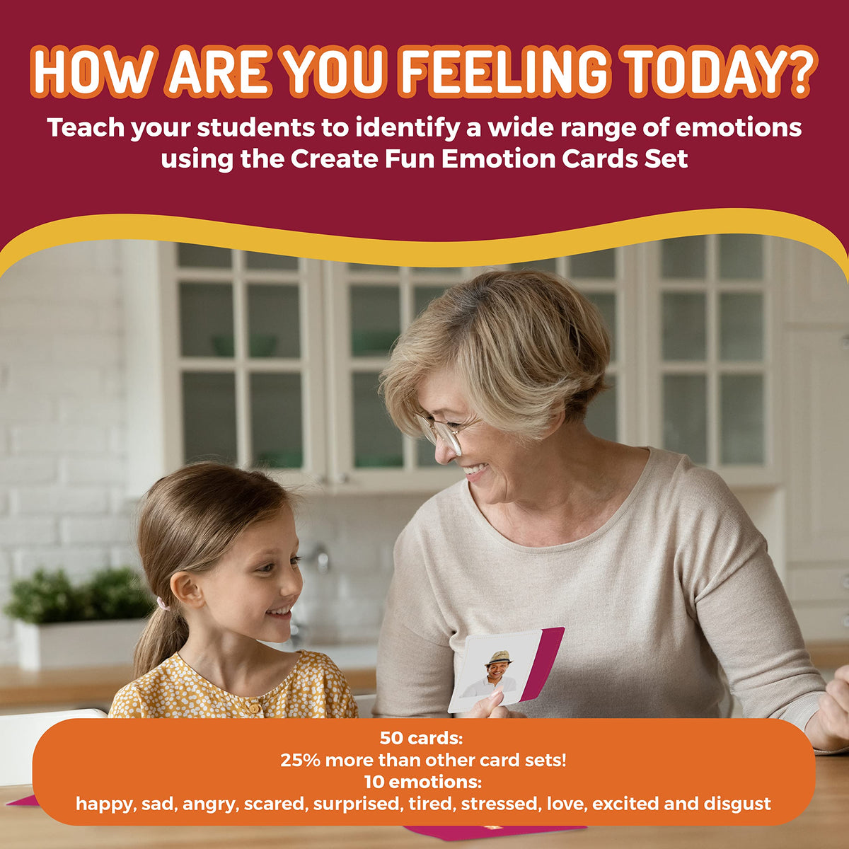 CreateFun 50 Emotion Flash Cards V1, Real Photo Feelings for Autism,Aphasia