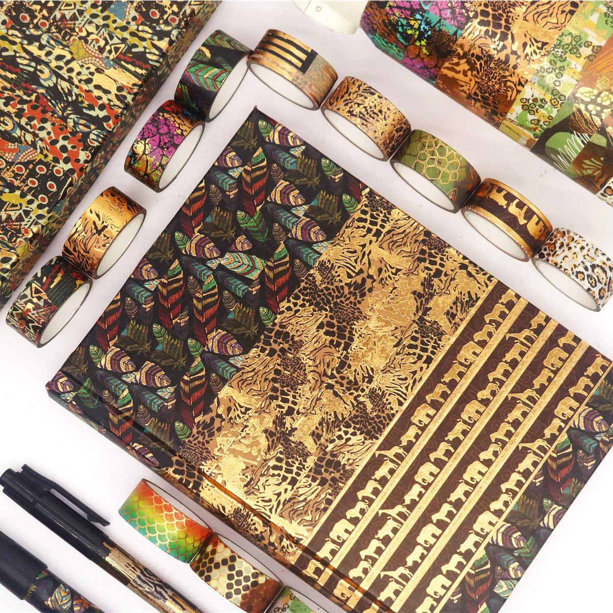 YUBX Wild Animals Washi Tape Set 12 Rolls Gold Foil Print Decorative Masking Tapes for Arts, DIY