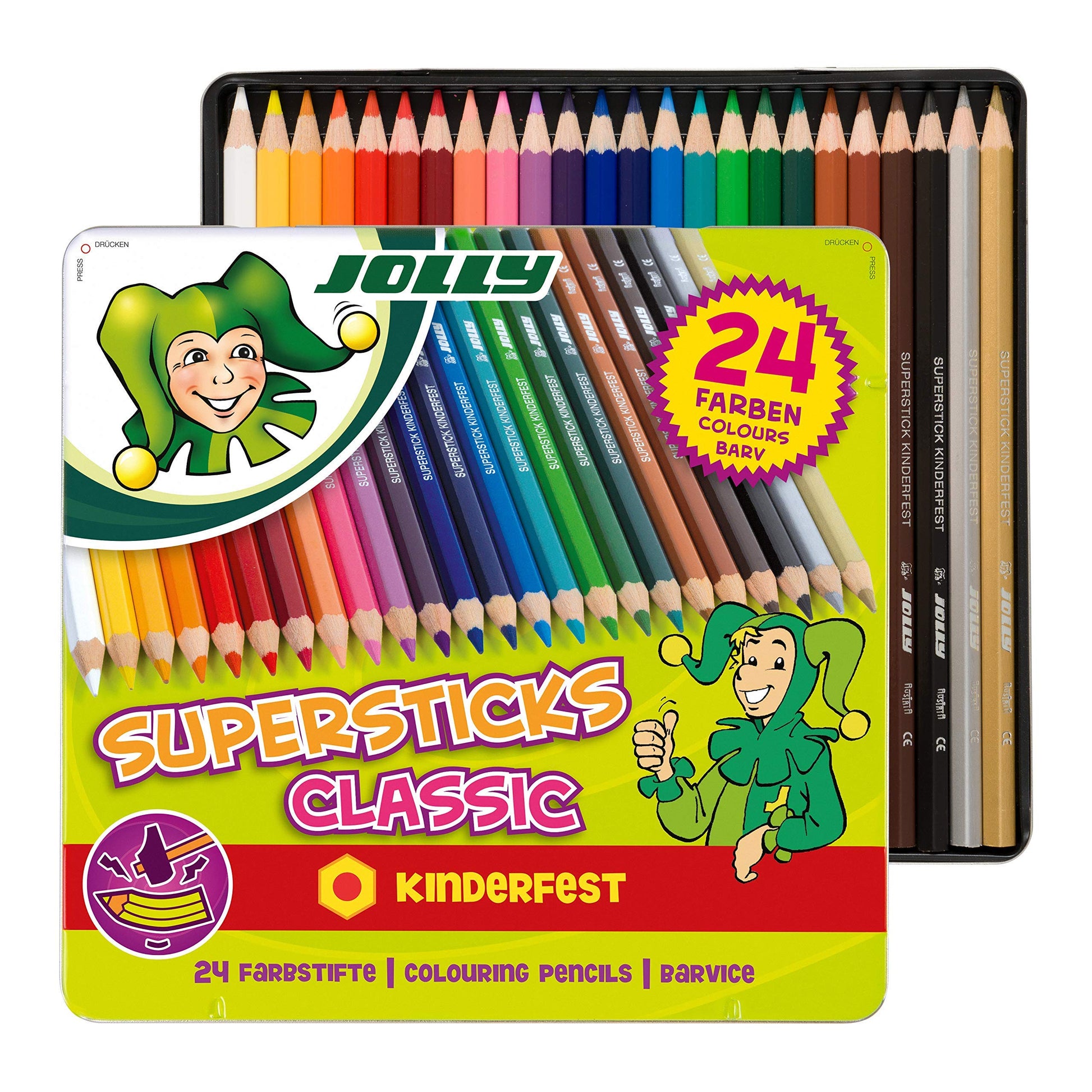 Jolly Supersticks Premium European Colored Pencils with Tin Carrying Case; Set of 24, Arts and
