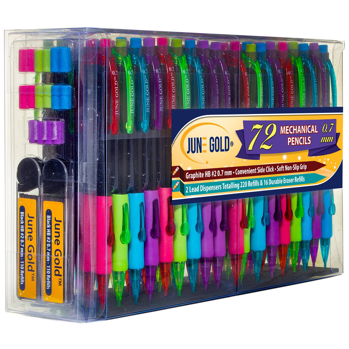 June Gold 72 Mechanical Pencils, 0.7 mm HB #2, 220 Lead & 16 Eraser Refills