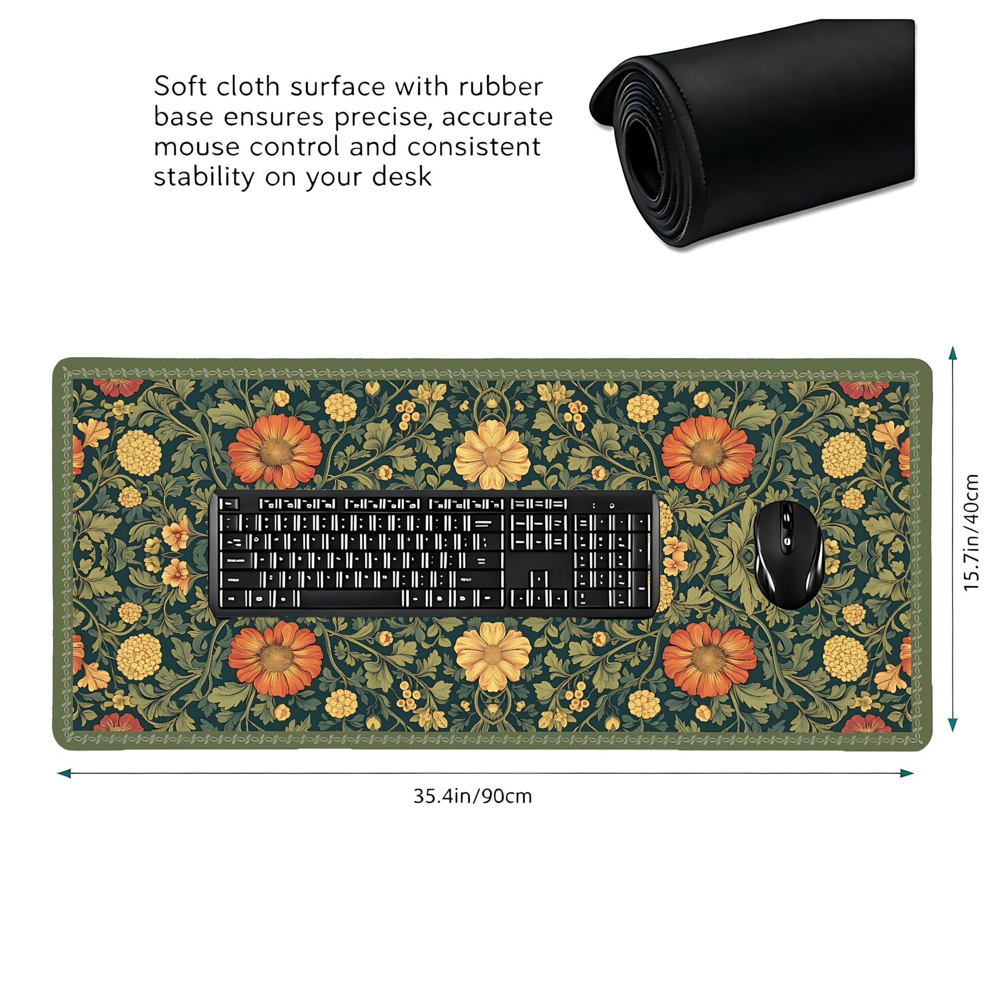 Cute Floral Aesthetic Daisy Gaming Mouse Pad, Dark Green Rug Desk Mat with Anti-Slip Base &