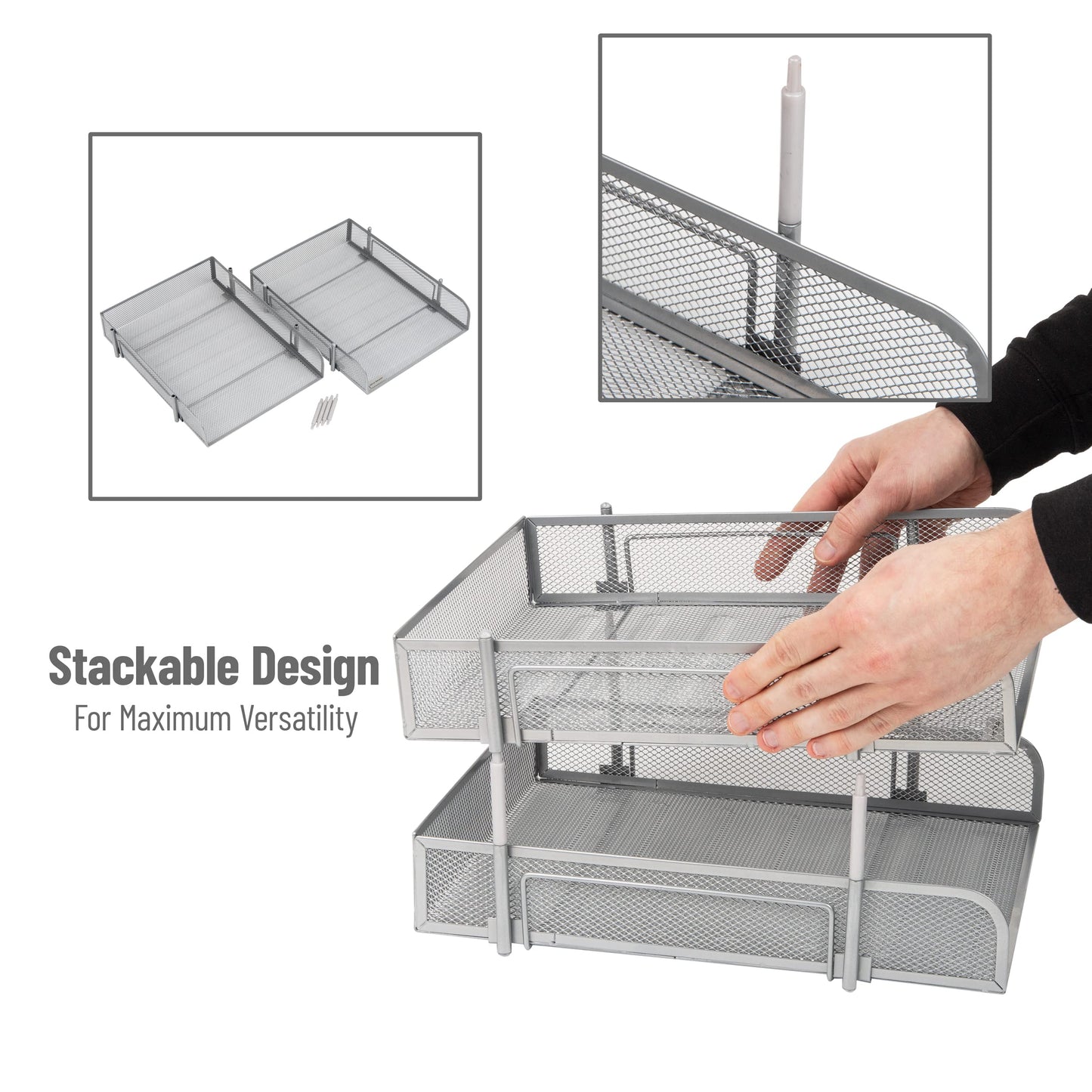 Mind Reader Stackable Paper Tray, Desktop Organizer, File Storage, Office, Metal Mesh, 2 Pc, Silver