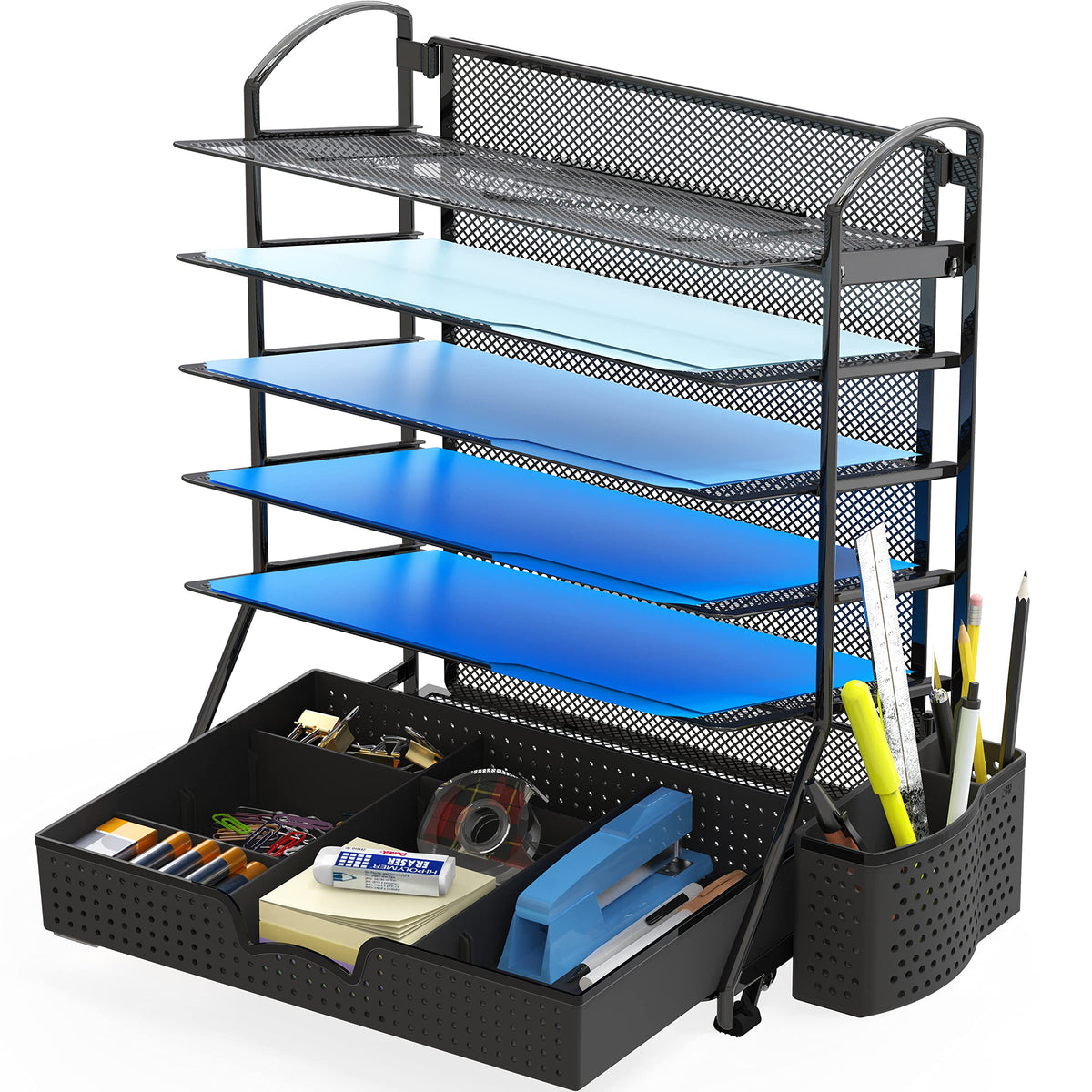 Simple Houseware 6-Tier Desk File Organizer w/Drawer & Pen Holder, Black