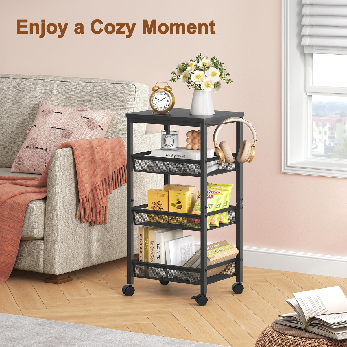 Hoctieon Rolling Storage Cart, 4-Tier 11.8" Wide Panel Rolling Kitchen Storage Cart, Utility Carts