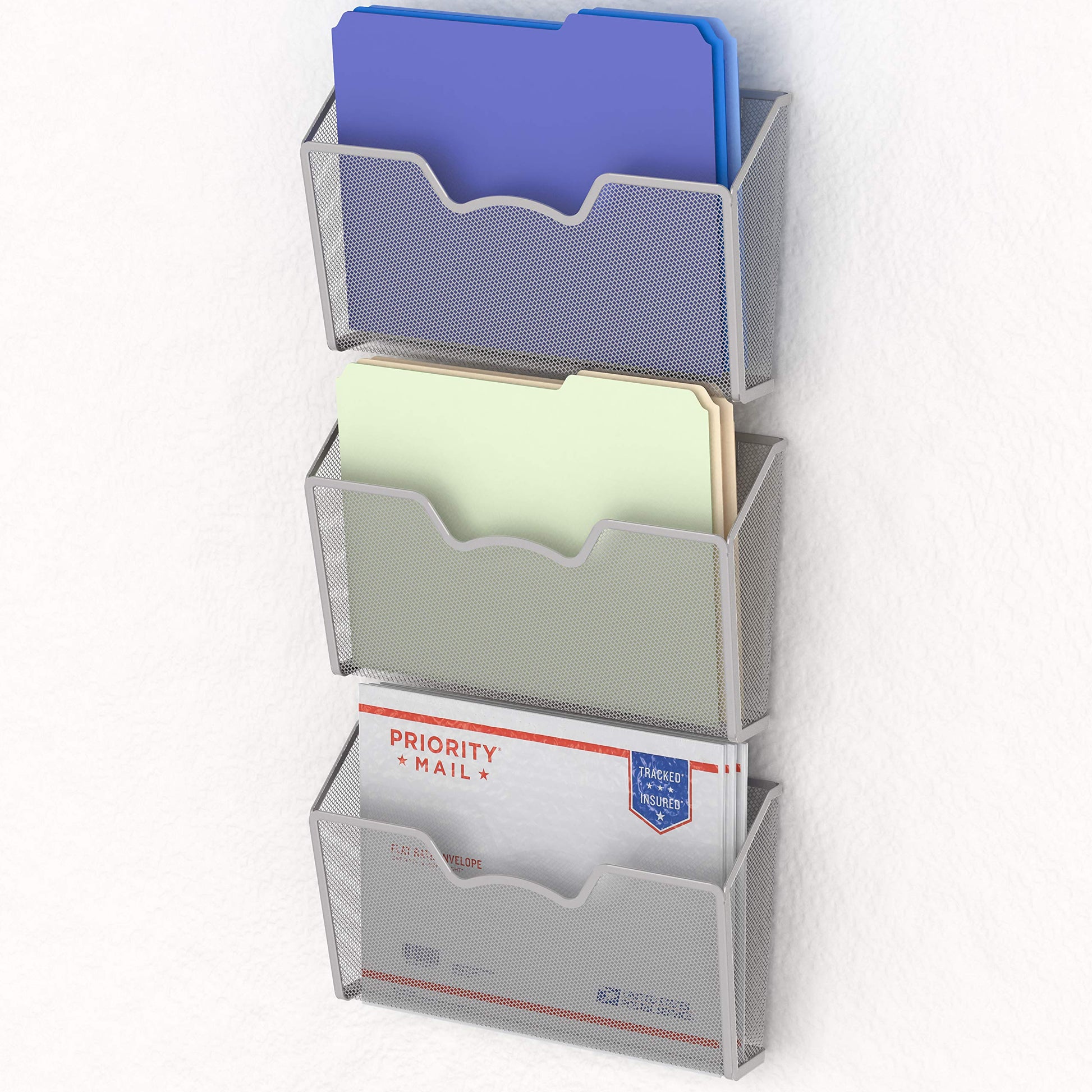 Simple Houseware Wall Mount Single Pocket File Holder, 3-Pack, Silver