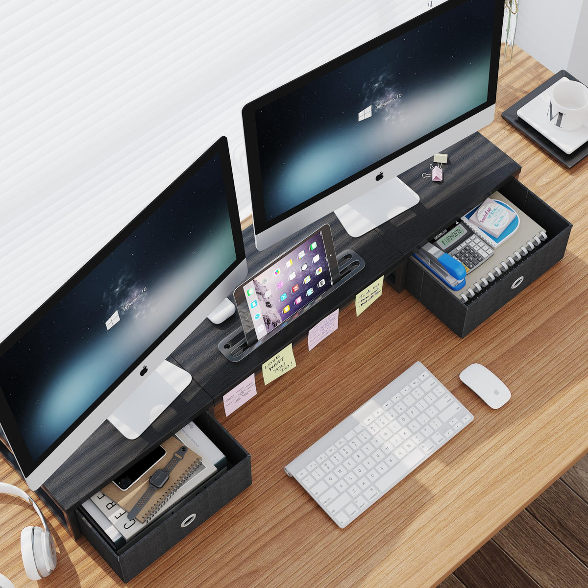 39 Inch Dual Monitor Stand Riser with 2 Drawers - Large Black Wooden Computer Stand for 2 Monitors