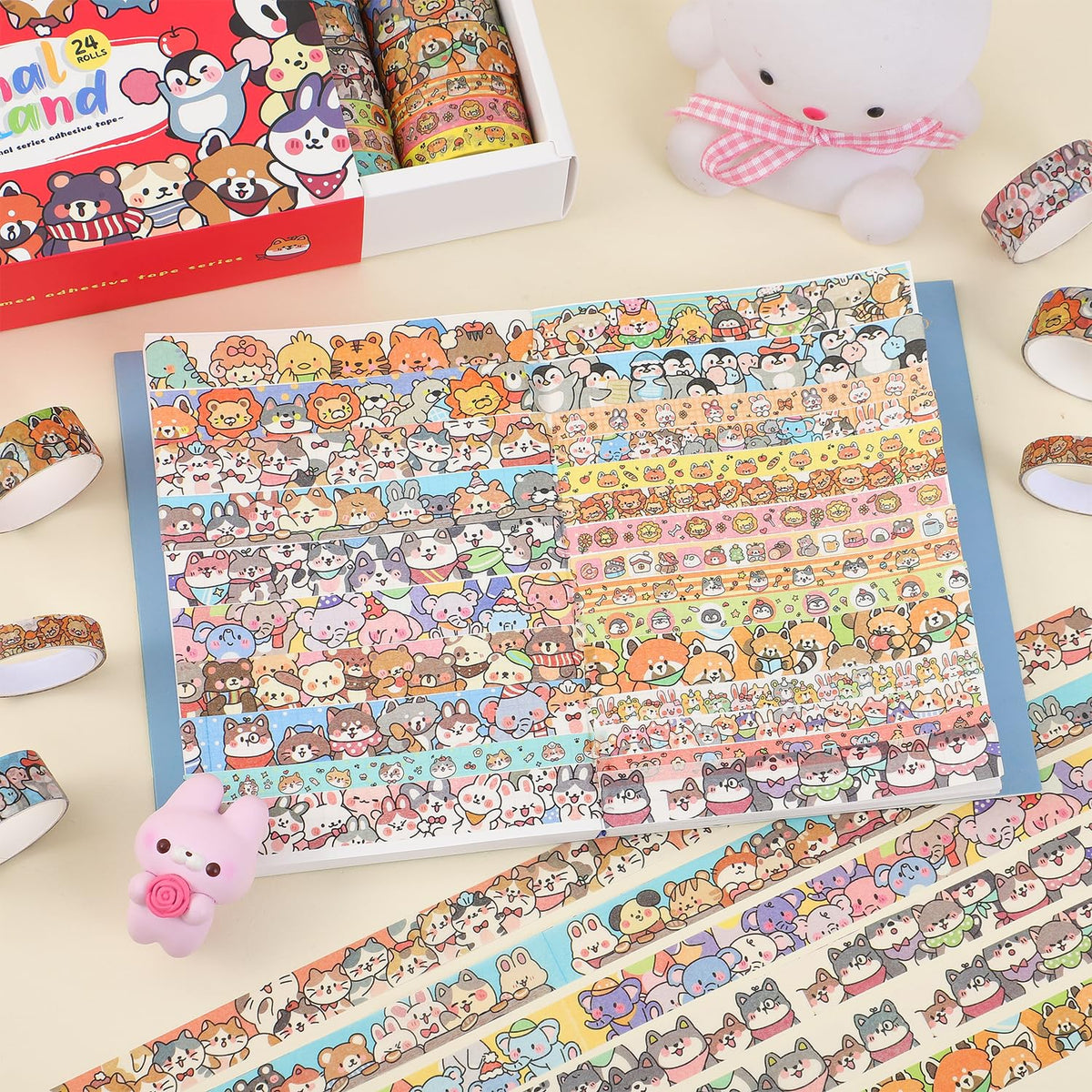 24 Rolls Colorful Cute Cartoon Animal Writable Washi Tape Set, Decorative Tapes for Scrapbooking