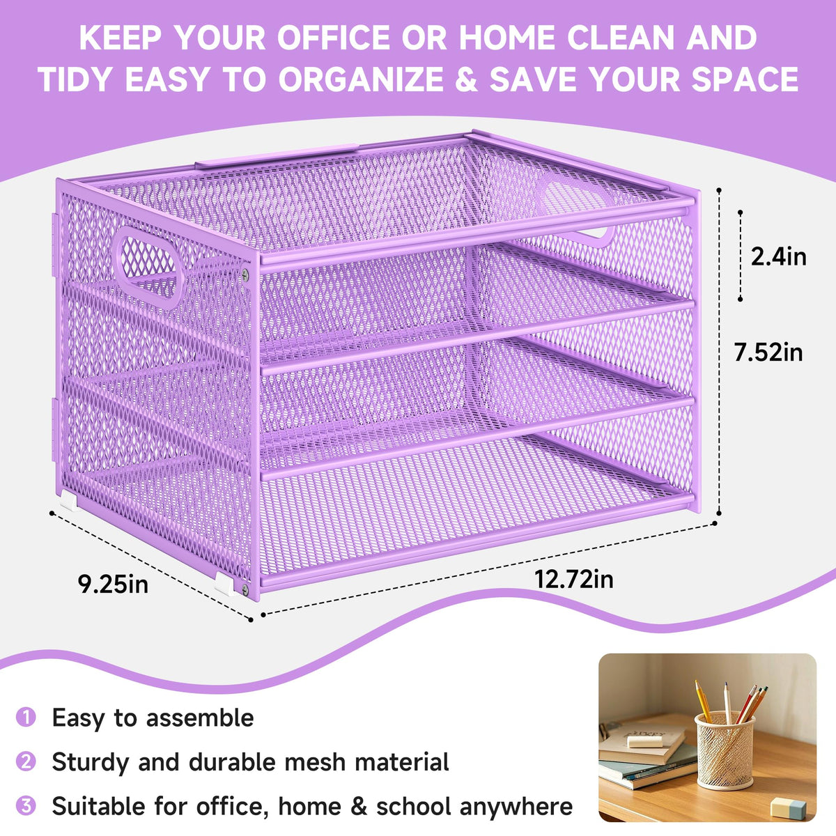 Paper Organizer with Handle,4 Tier Letter Tray Purple Desk Organizer Set