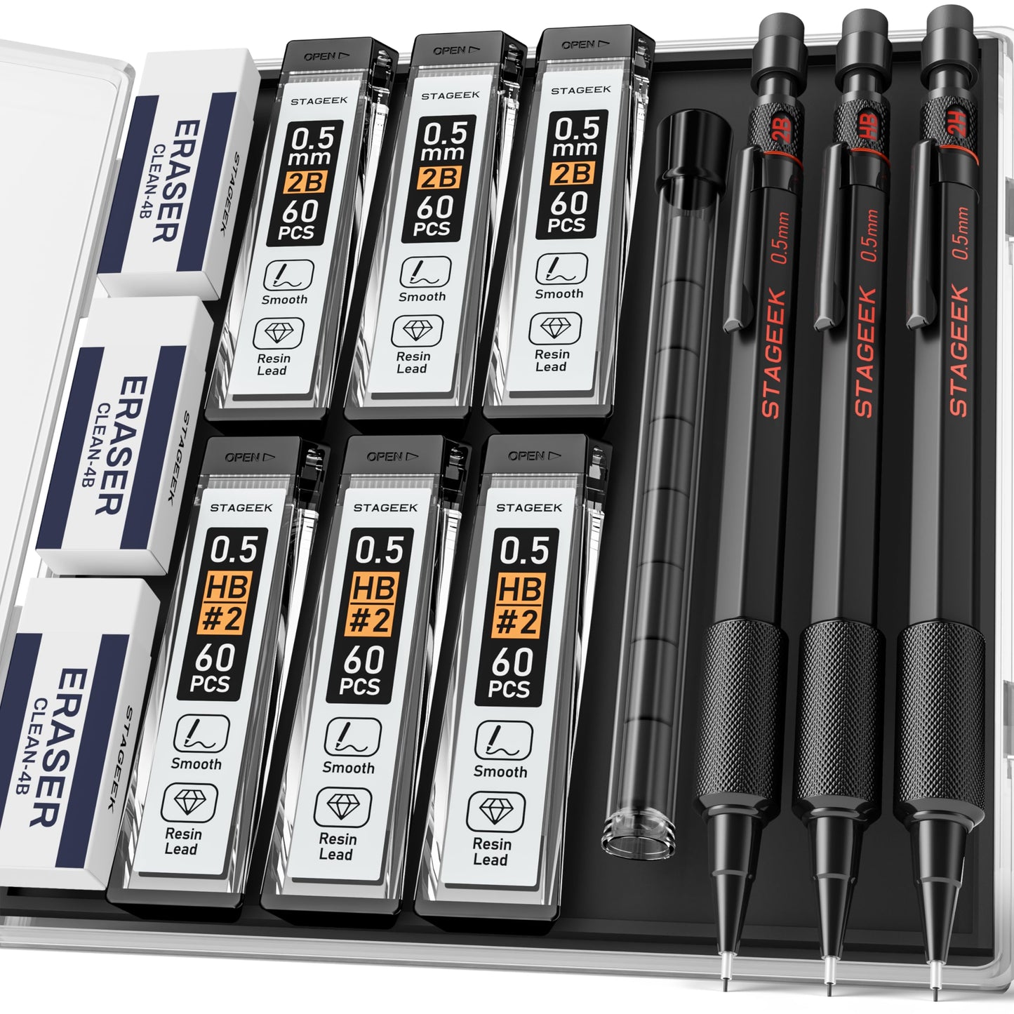 STAGEEK Black Meal Mechanical Pencil Set, 3-Pack, 0.5mm, Storage Case