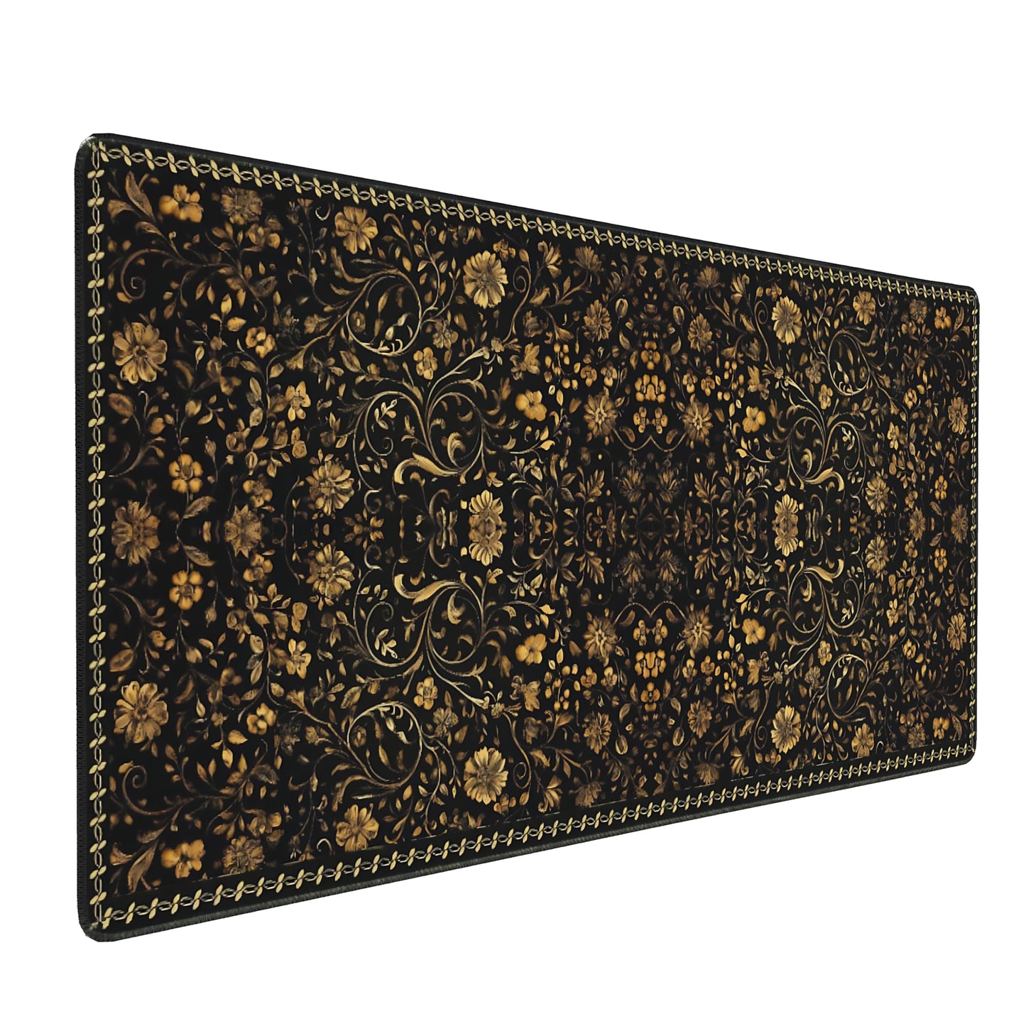 Floral Aesthetic Daisy Gaming Mouse Pad, Black Gold Baroque Desk Mat with Anti-Slip Base & Stitched