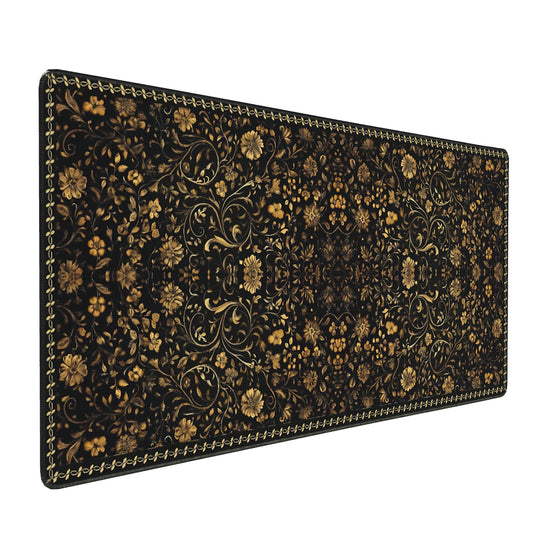 Floral Aesthetic Daisy Gaming Mouse Pad, Black Gold Baroque Desk Mat with Anti-Slip Base & Stitched