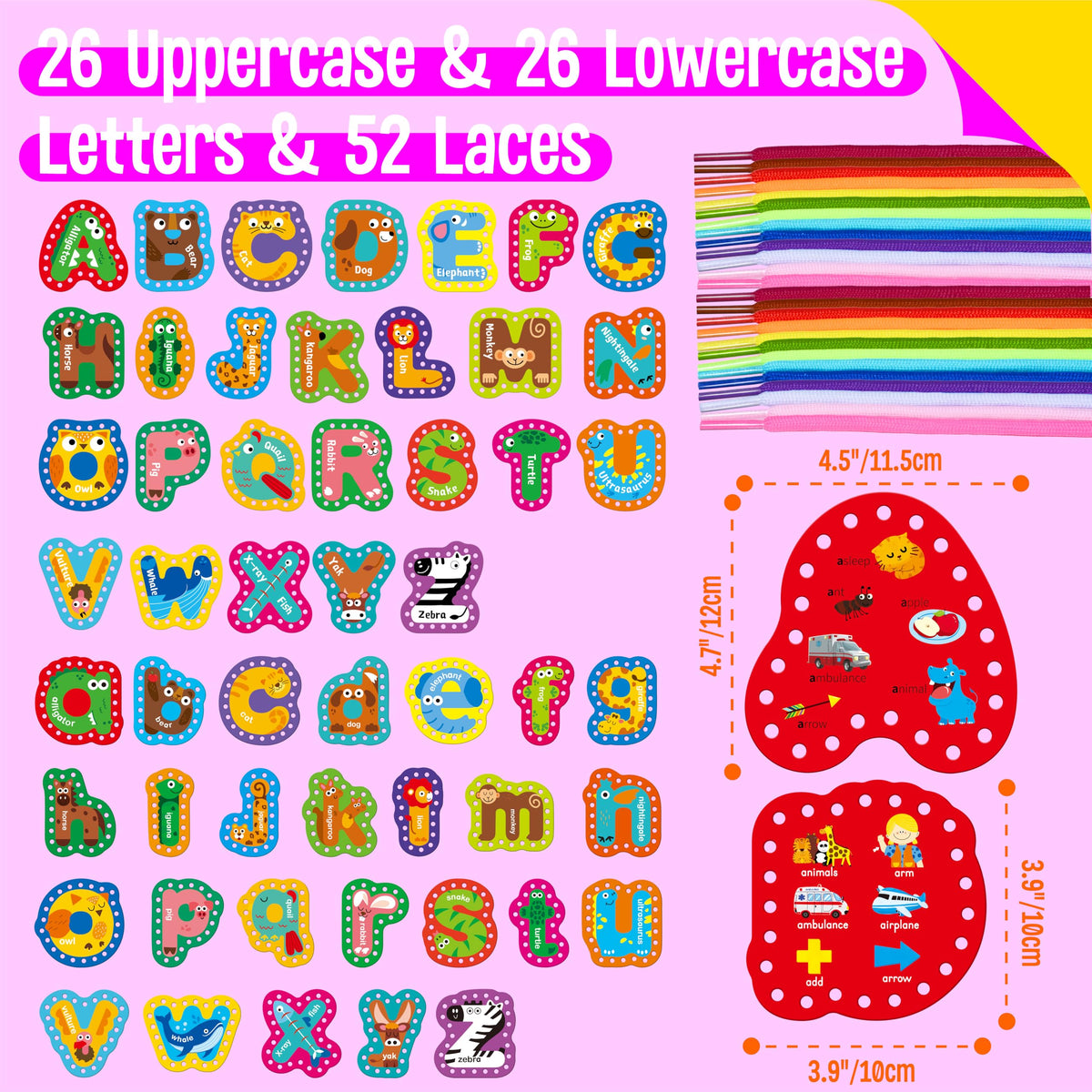 52 PCS Lacing Cards, 26 Double-Sided Uppercase & Lowercase Sewing Cards with 52 Colorful Laces