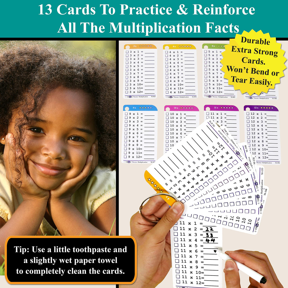 Think2Master Multiplication Flash Cards. 215 Laminated Premium Flashcards (All 0-12 X Facts)| Learn