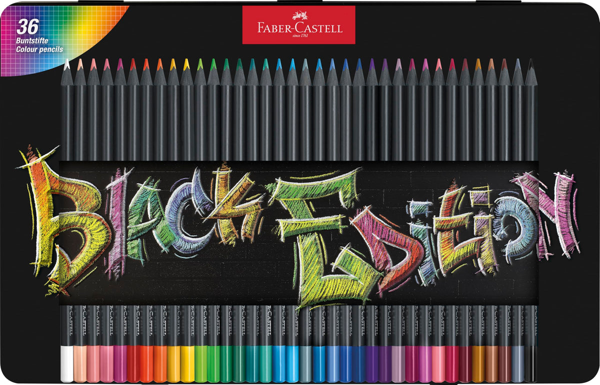 Faber-Castell Colouring Pencils Black Edition, tin of 36 tin of 12