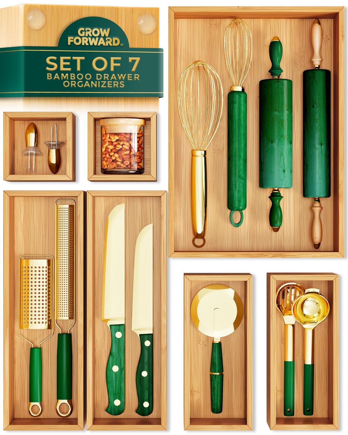 Grow Forward Bamboo Drawer Organizer Boxes - Set of 7 Wooden Drawer Organizers for Kitchen